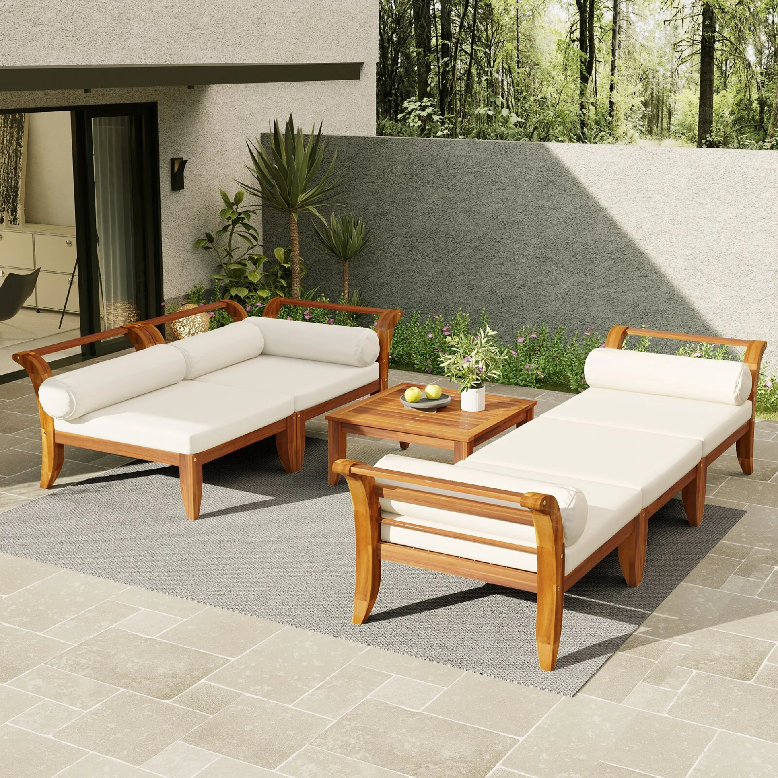 Outdoor Sofas Sectional Premium with Modern, Removable Seat Cushion, 5 Cushions and Pillows - Brown Acacia Wood Model 81289C
