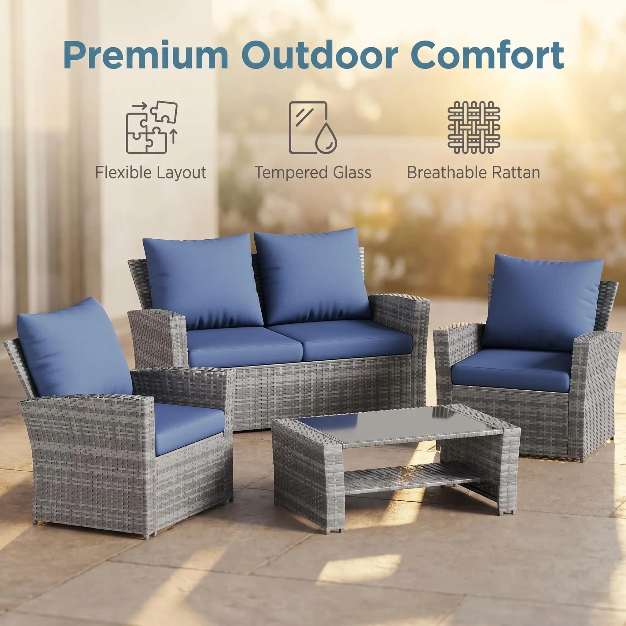 Stylish Patio Conversation Set with Weatherproof, 2 Single Chairs and Glass Coffee Table - High -Quality Editor Vine Blue Model CB789F