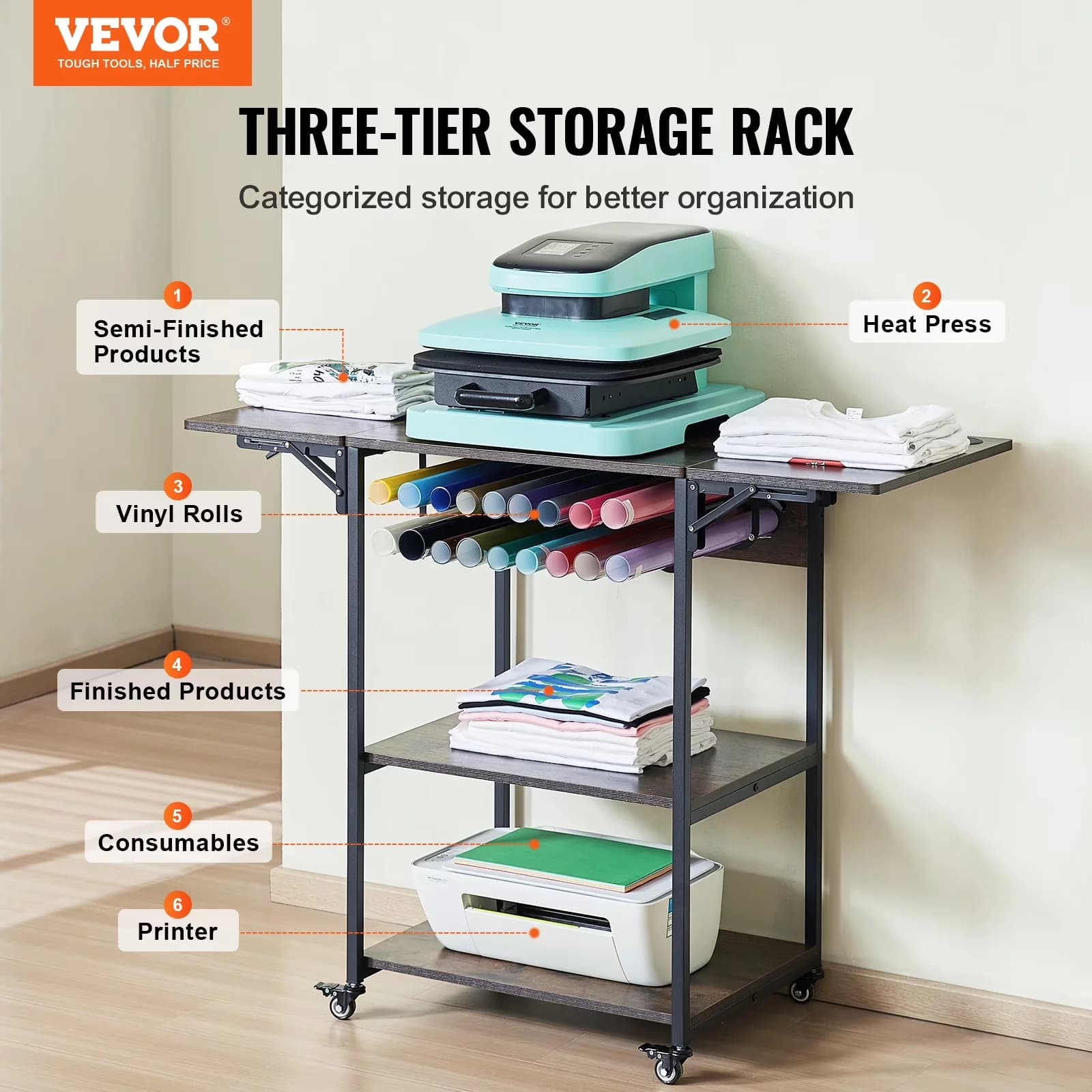 Toolstorage Modern with Foldable Heat Transfer Machine Stand, 3 Tier Movable Heat Press Stand, Rolling Metal Workbench - Brown Metal Model 6760E4