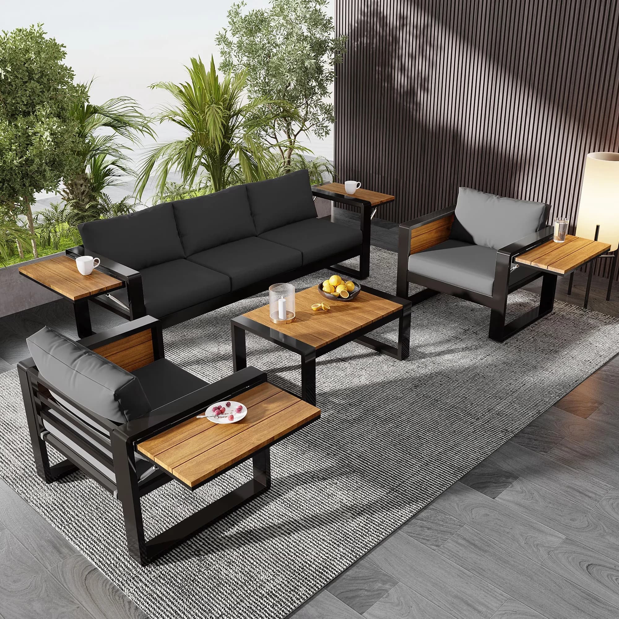 Patio Conversation Set Efficient with Weatherproof, 4-Piece Aluminum, Tables & Sofa and 2 Armchairs - Gray Mdf+Polyester for Patio,... Model F5F869
