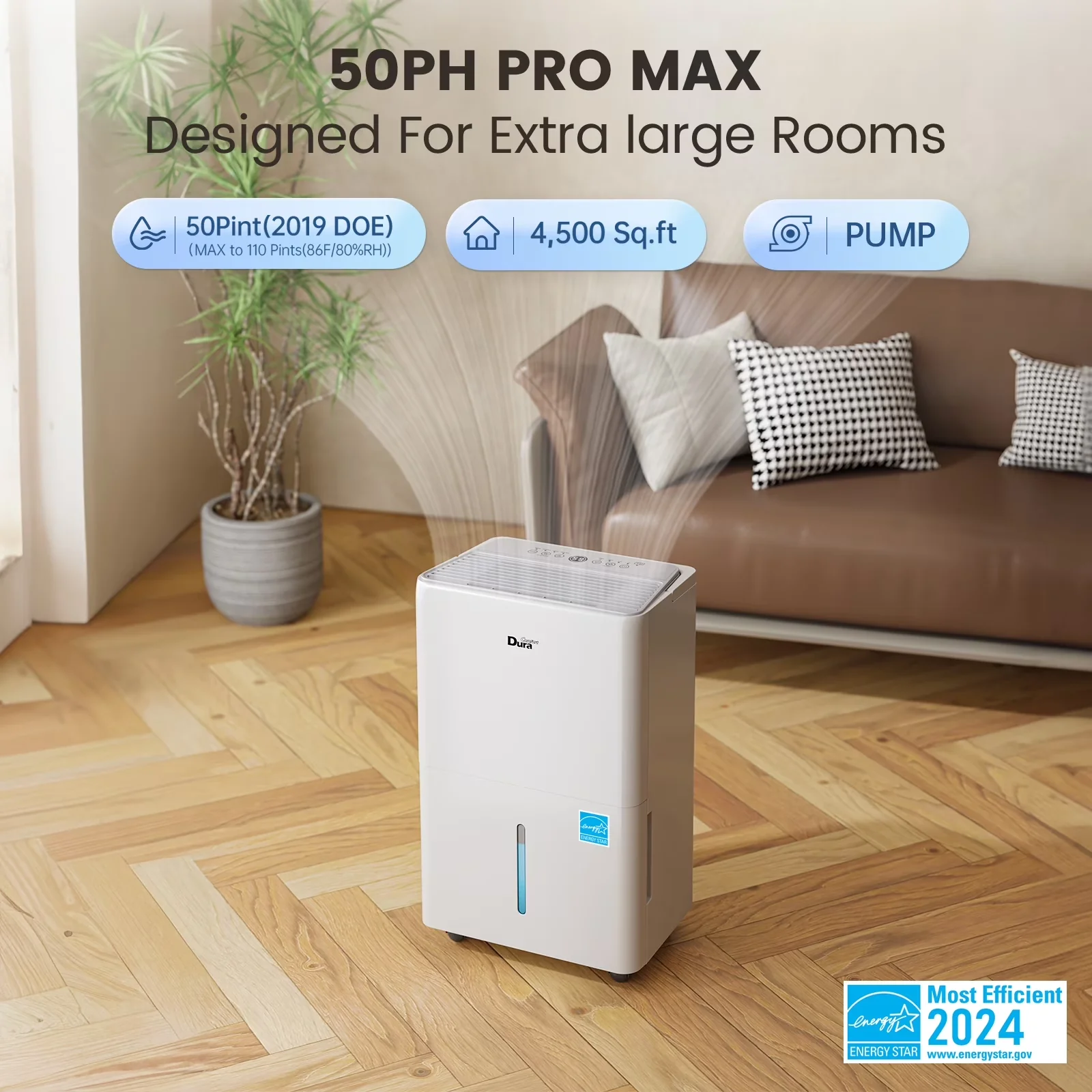 Modern Dehumidifier with Built-In Pump - White Basement - Low Maintenance Model 4A4E5D