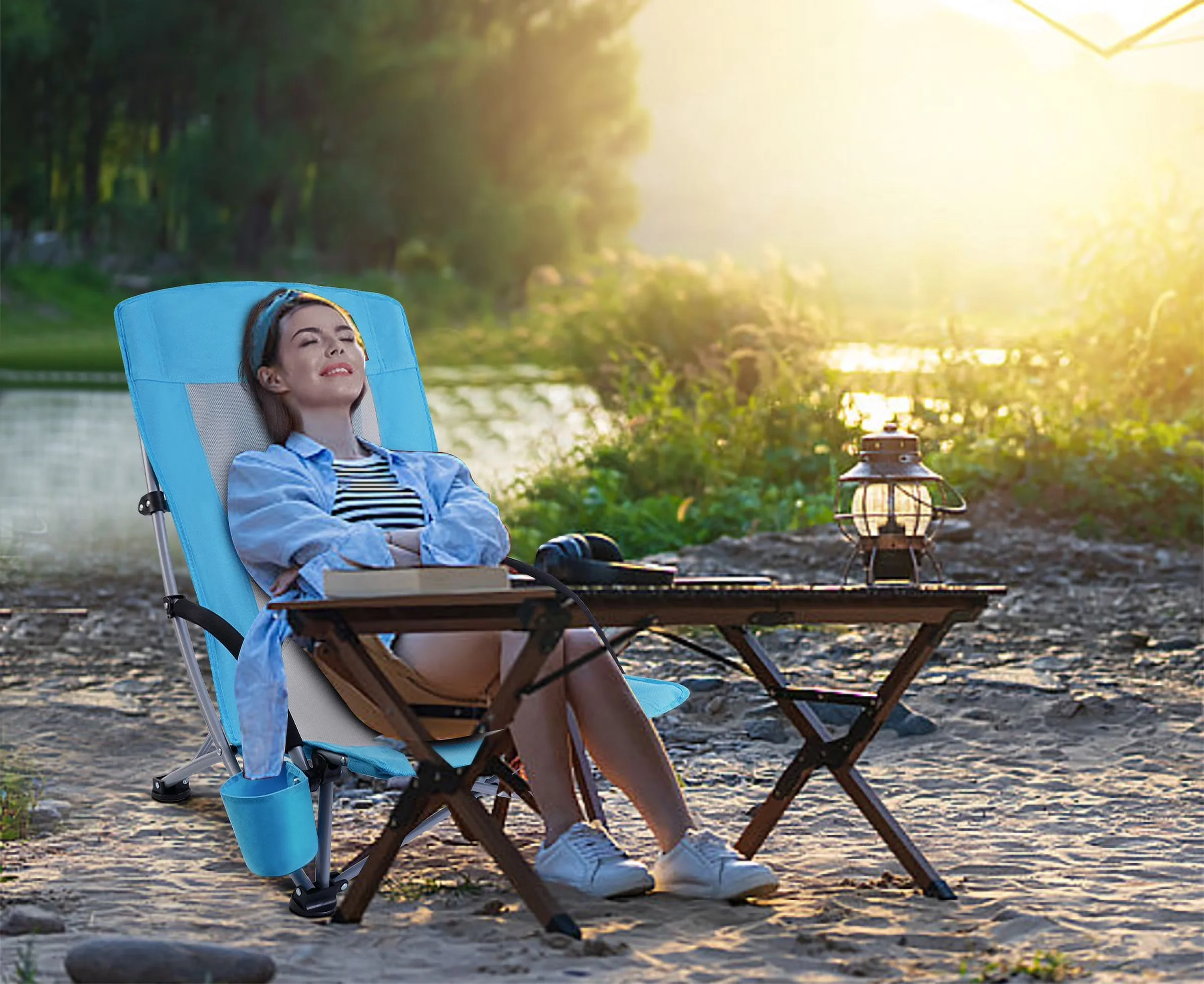 Beach Chair Professional with Folding, High Back Support, Cup Holder - Blue Model 999273