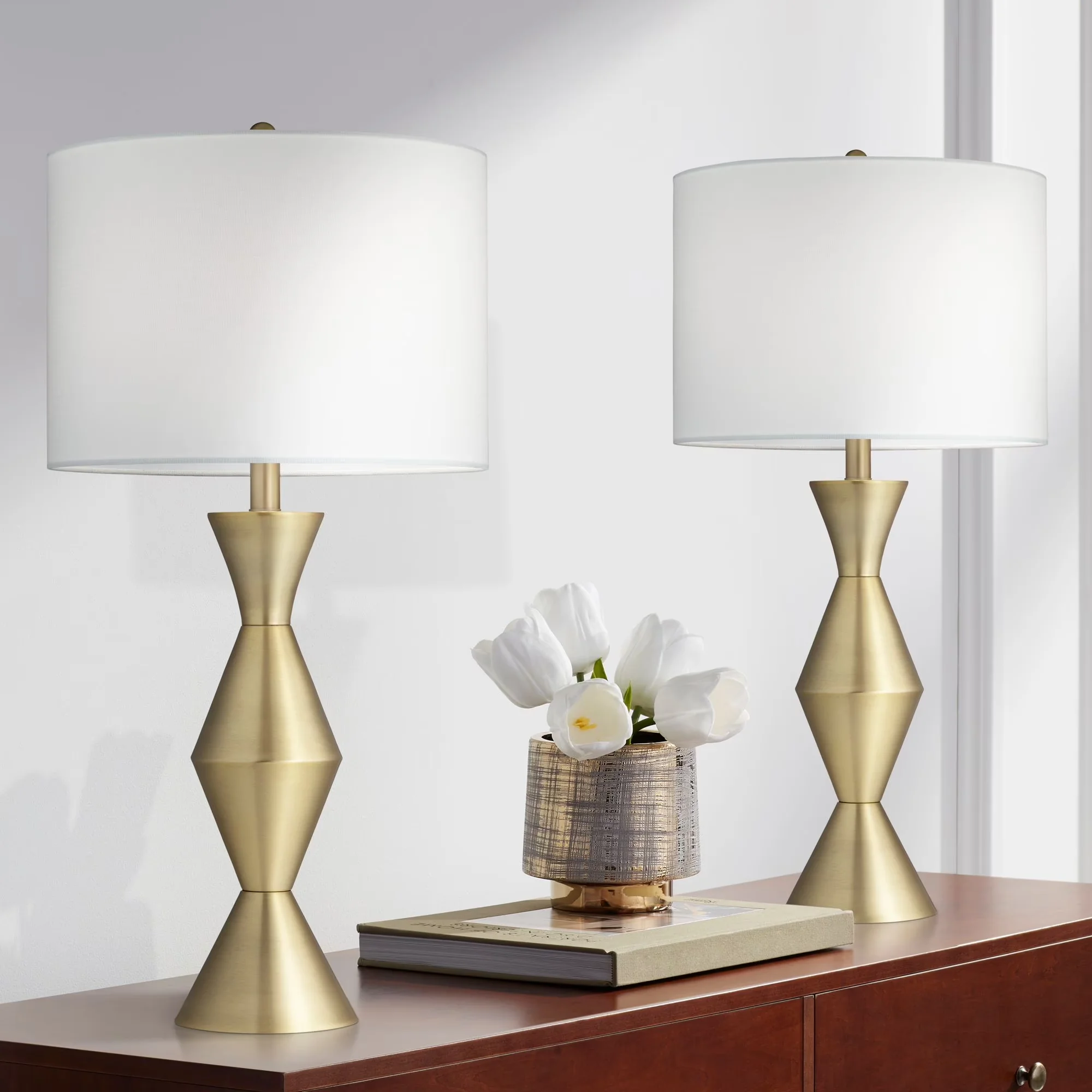 Reliable Lamp Set with Incandescent, Mid-Century, White drum shades. 8-foot long cords. - Gold Metal Model E5CBEA