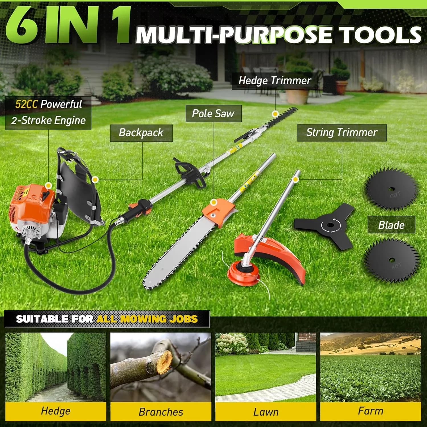 Professional String Trimmer with 52CC Gas Weed Wacker, Gas, Gas Hedge - Orange Model 0BC670