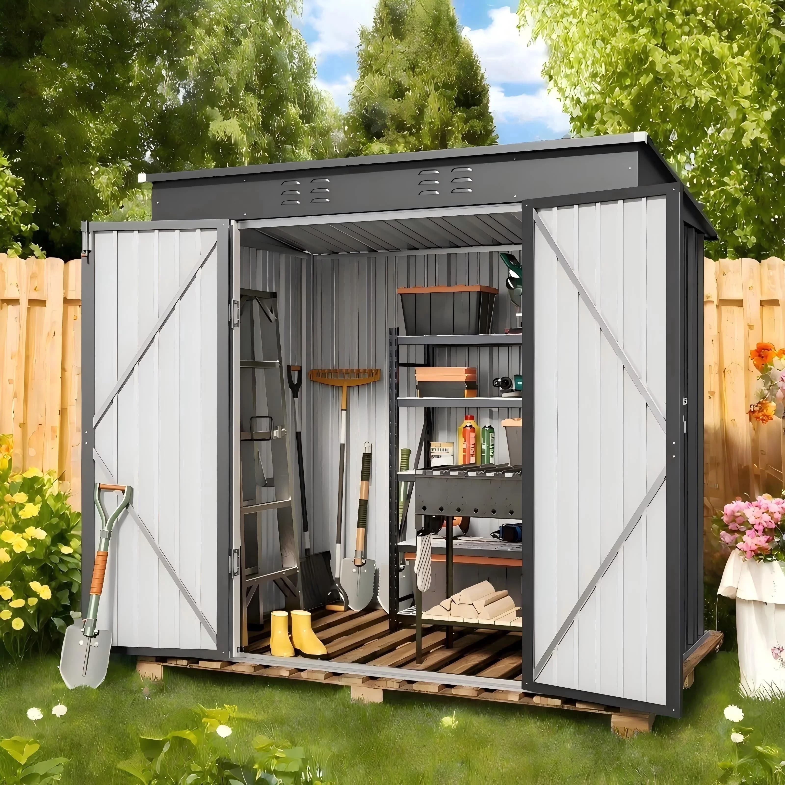 Quality Shed with Rot Resistant, Waterproof - Metal Flat Roof-Dark Gray for Patio Model 786A50