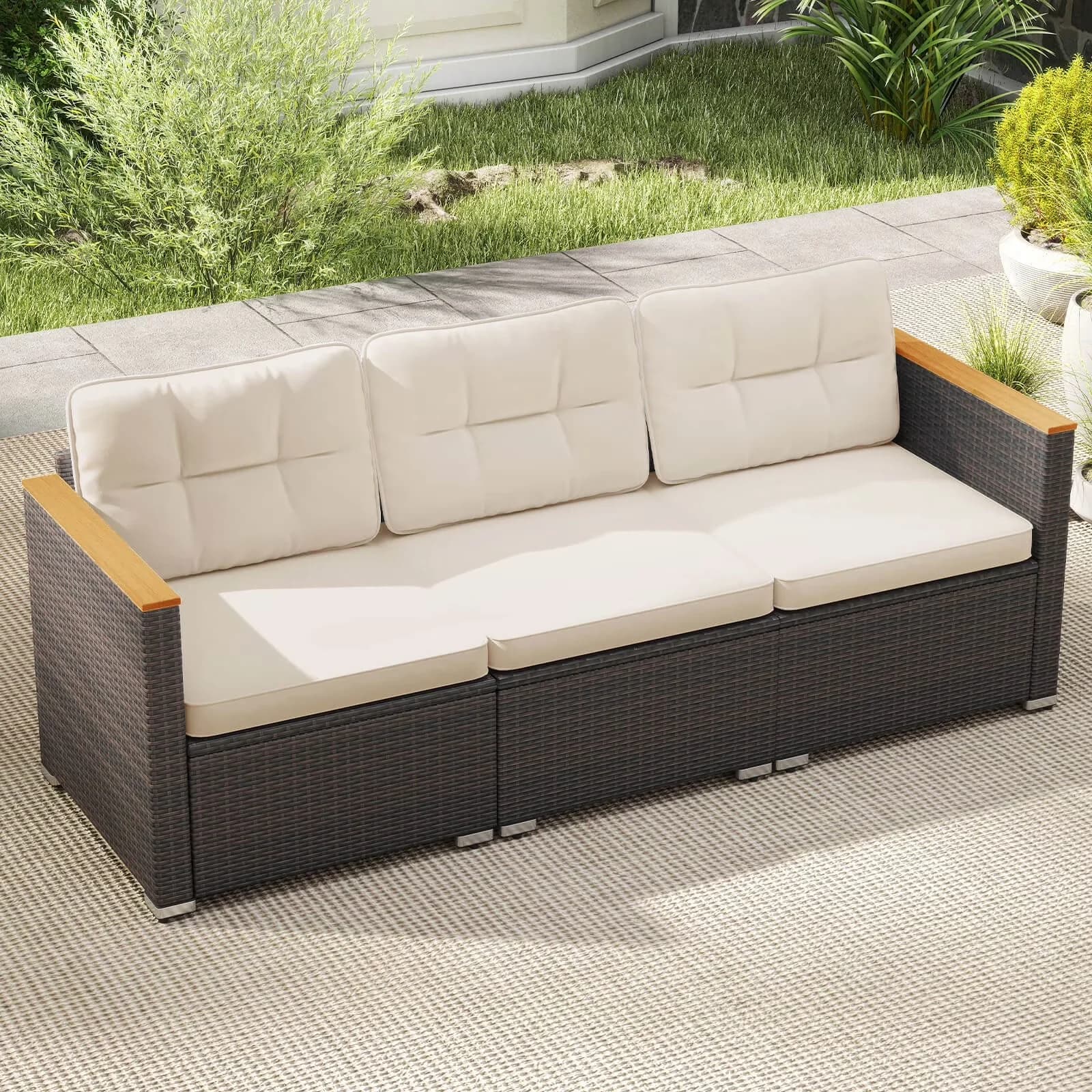 Outdoor Sofas Sectional Classic - White Pe Rattan, Metal, Acacia Wood, Polyester, Sponge Model B38018