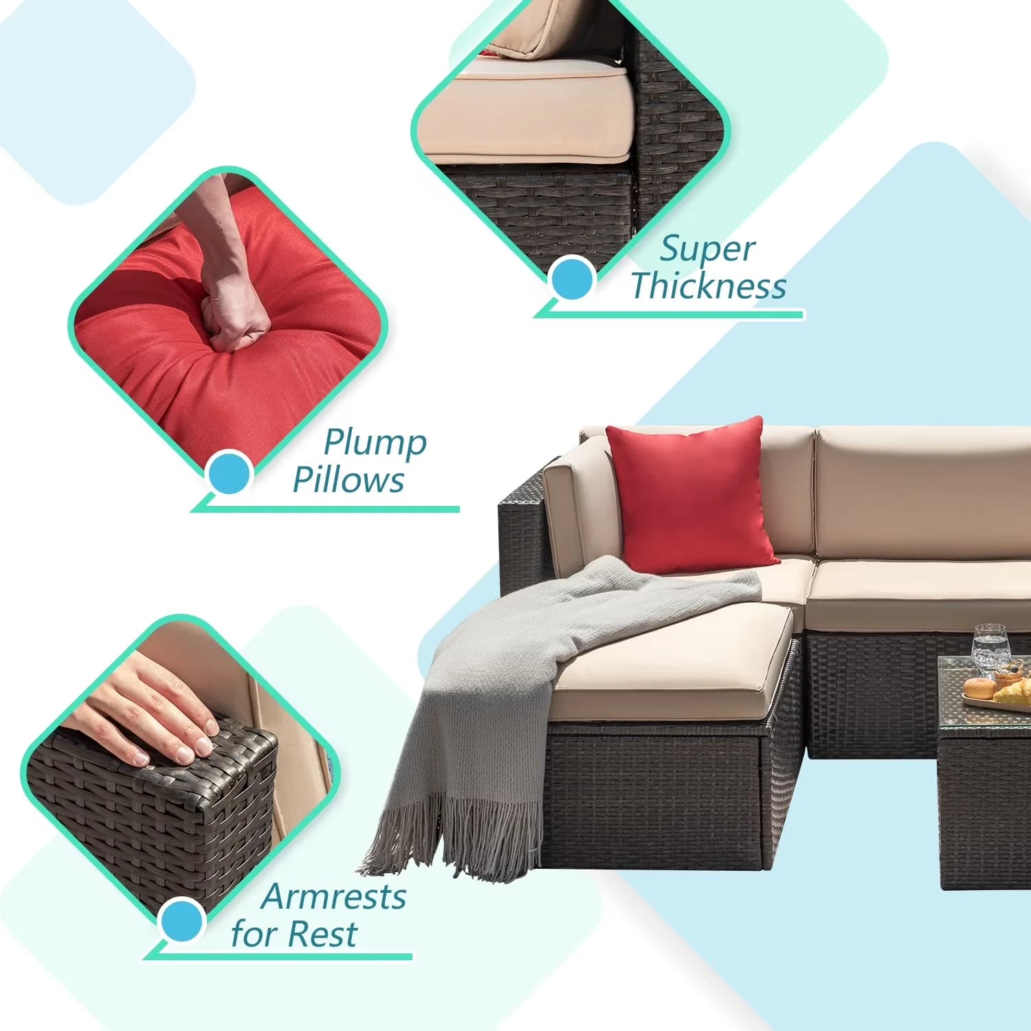 Premium Outdoor Sofas Sectional with Table, Rattan Color: Brown - Pe Rattan, Steel, Glass, Pe Wicker, Plastic Model 798E93