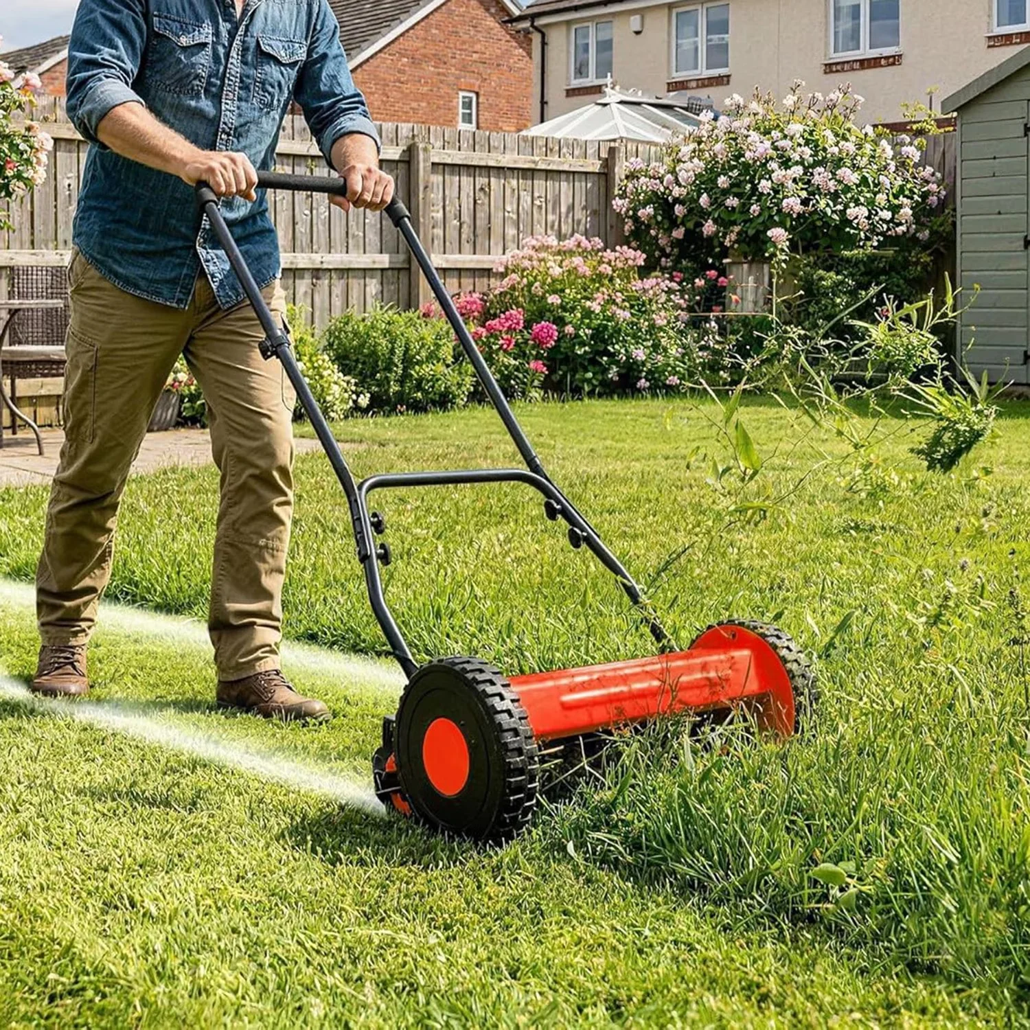 Innovative Push Mower with Adjustable Cutting Height, 14" 5-Blade Reel Lawn, Manual Grass Cutter - Red for Small Model 946691