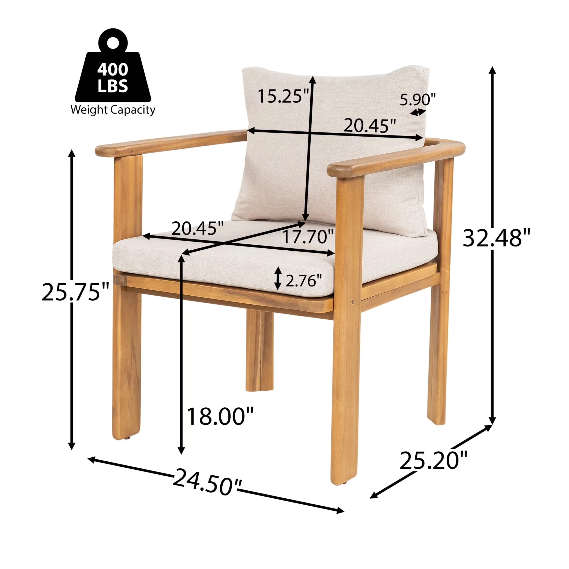 Sleek Patio Dining Set with Weatherproof, 67" Table & Chairs - Brown Acacia Wood + Water Repellent Cushion Model 6DE079