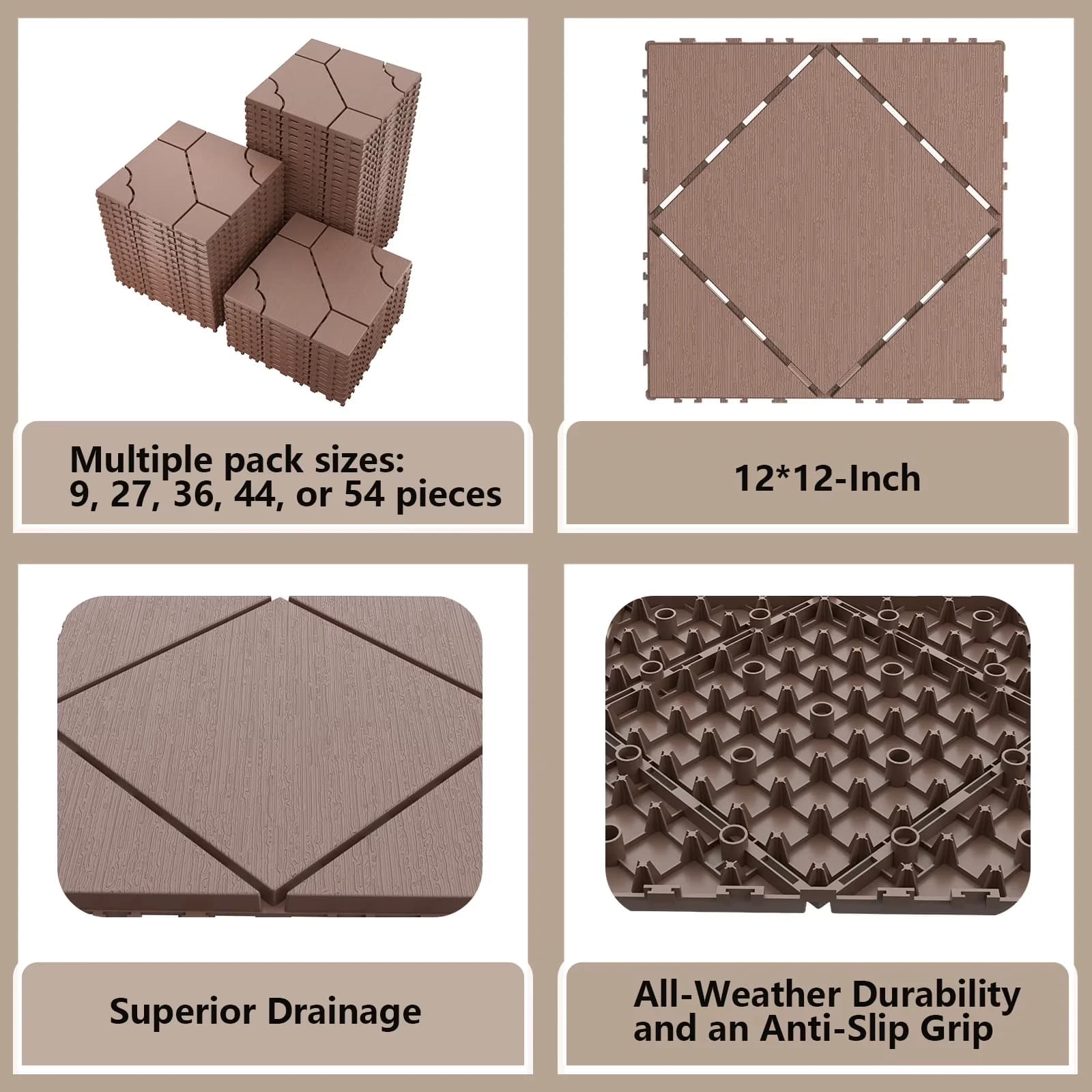 Durable Building Material with Non-Slip, Interlocking - Brown Pp for Patio, Garage Model 968DC2