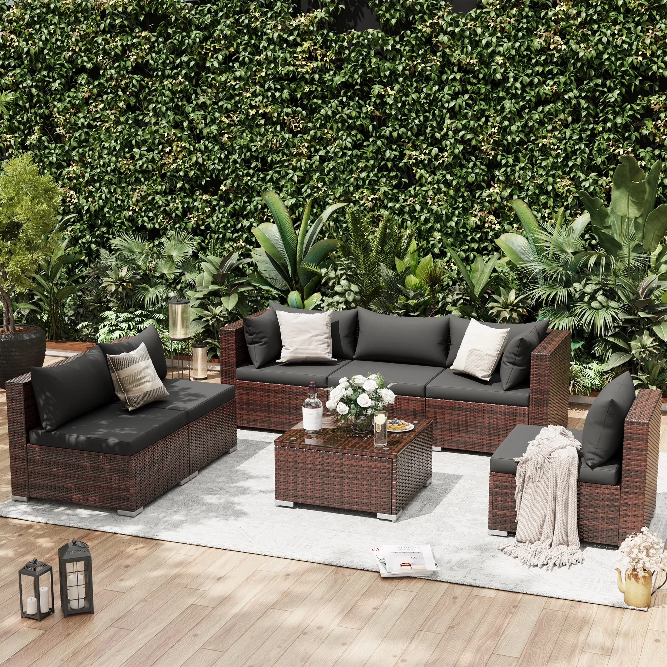 Patio Conversation Set Classic with 7-Piece Rattan Outdoor, Glass Coffee Table, Grey - Synthetic, Tempered Glass, Rattan, Steel,... Model 1FA0FC