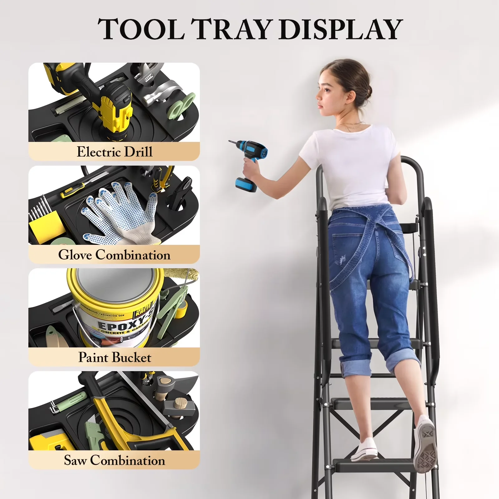 Reliable Ladders And Step Stool with Collapsible, Other Steps: 15.74" wide x 7.9" deep, 5 Ladder - Black Steel, Rubber Model 15830C