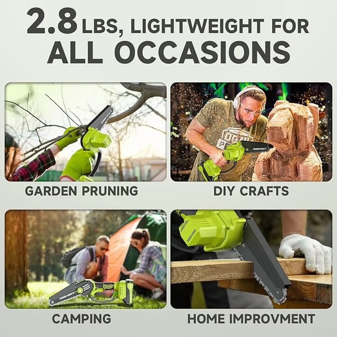 Innovative Chainsaw with Battery, Tool-Less Chain Tensioning, Mini Cordless 6-Inch - Green Model 98F89B