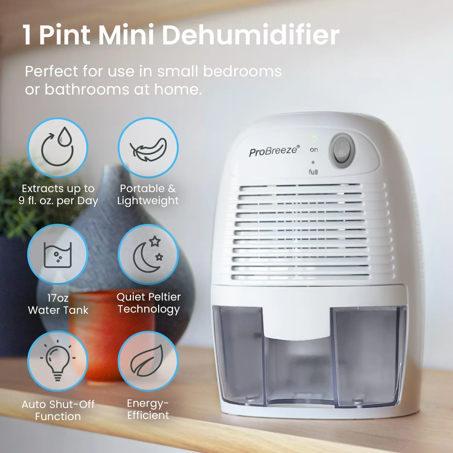 Compact Dehumidifier with Energy Efficient, Mini Portable, 17oz Ultra Quiet Compact Peltier - Model 3CB002