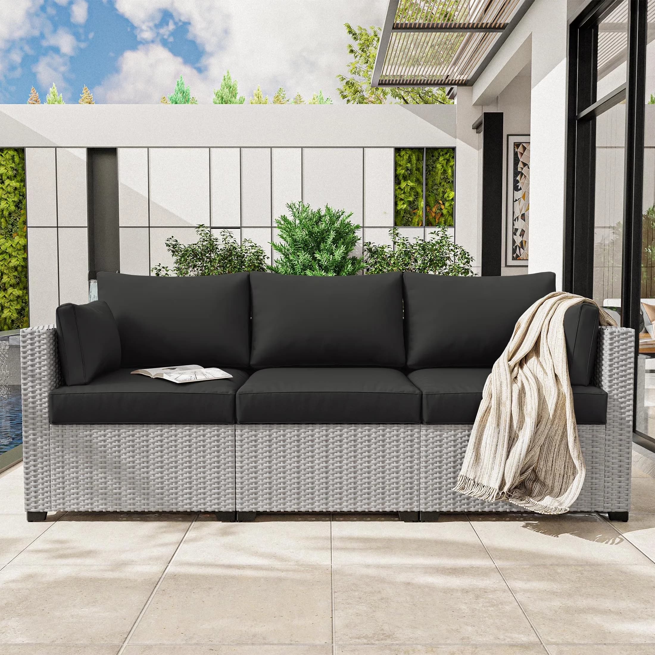 Versatile Outdoor Sofas Sectional with Modern, Fade Resistant, 4” Foam Deep Seat - Black for Patio Model 9C8EC6