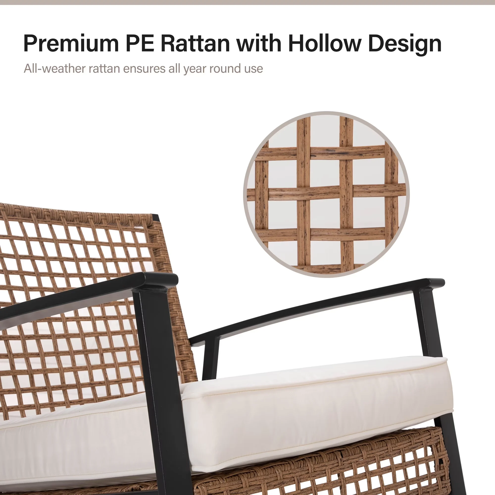 Patio Conversation Set Efficient with 2-Tier Coffee Table, 3 Pieces Outdoor, Beige Cushions - Wicker, Steel Model 8DD599