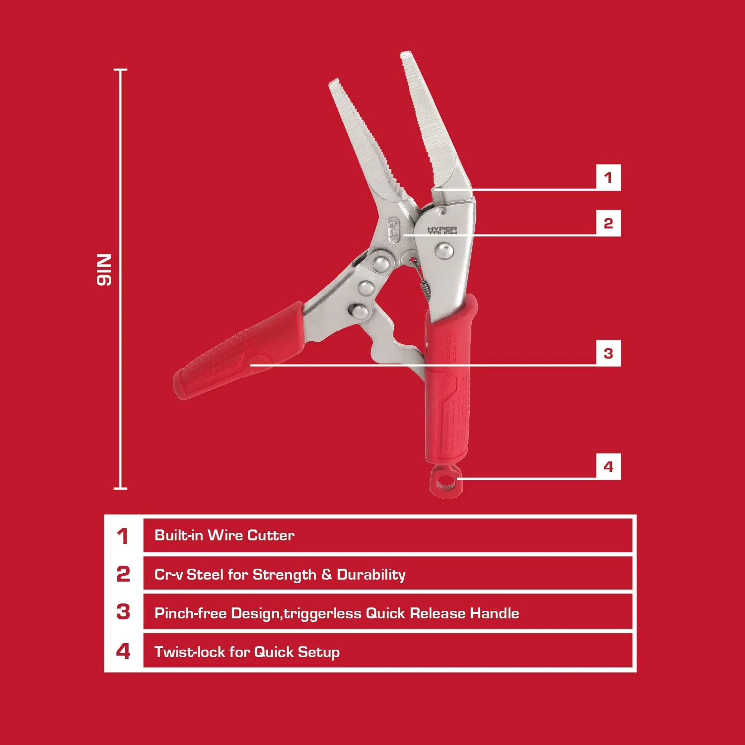 Professional Hand Tool with Precision, Triggerless Release, 9-inch Long-Nose Locking Pliers - 9" Model BF893C