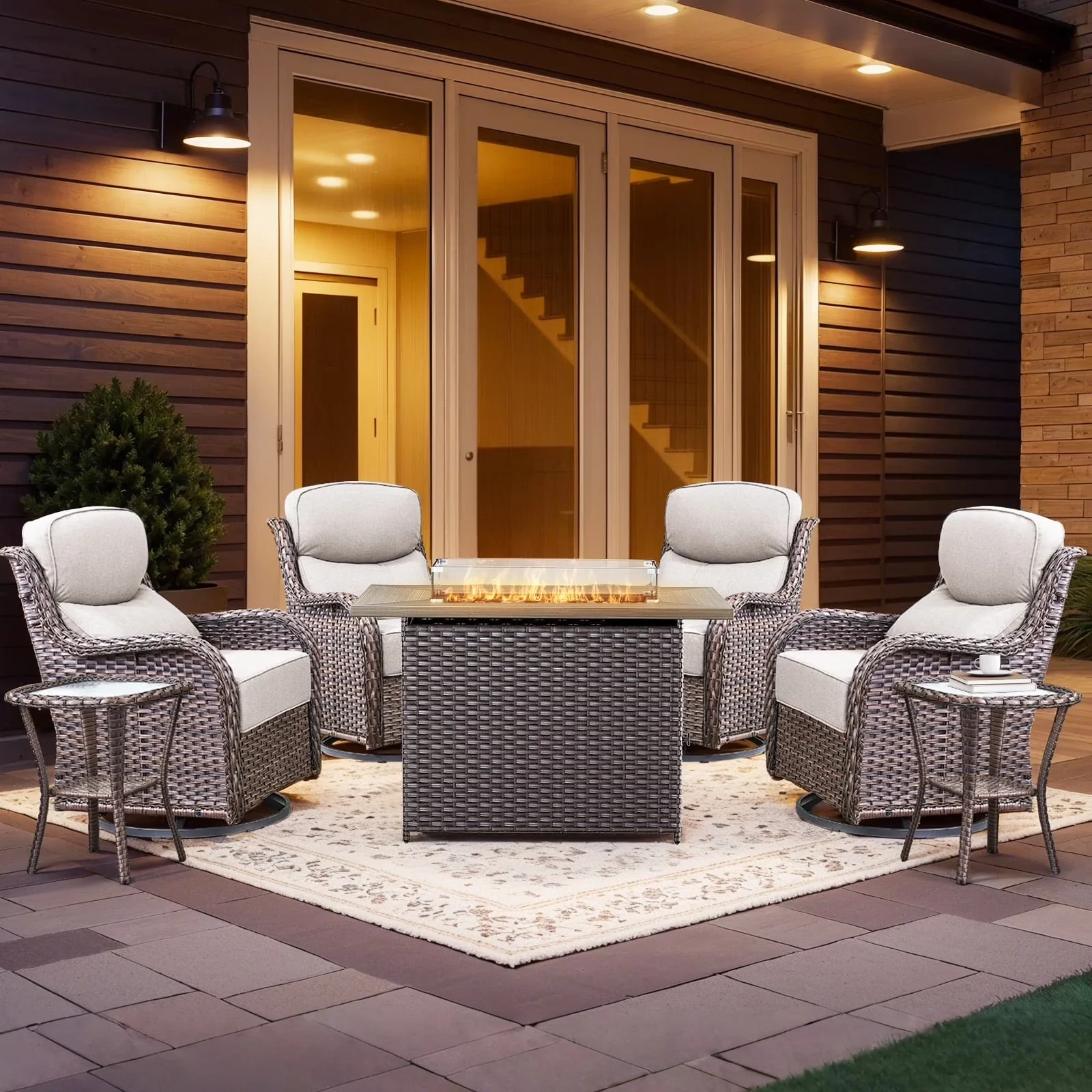 Versatile Patio Dining Set with Weatherproof, Brown Wicker & Beige Cushions, Outdoor Wicker Swivel Chair - Beige Wicker Model 0BA6FF