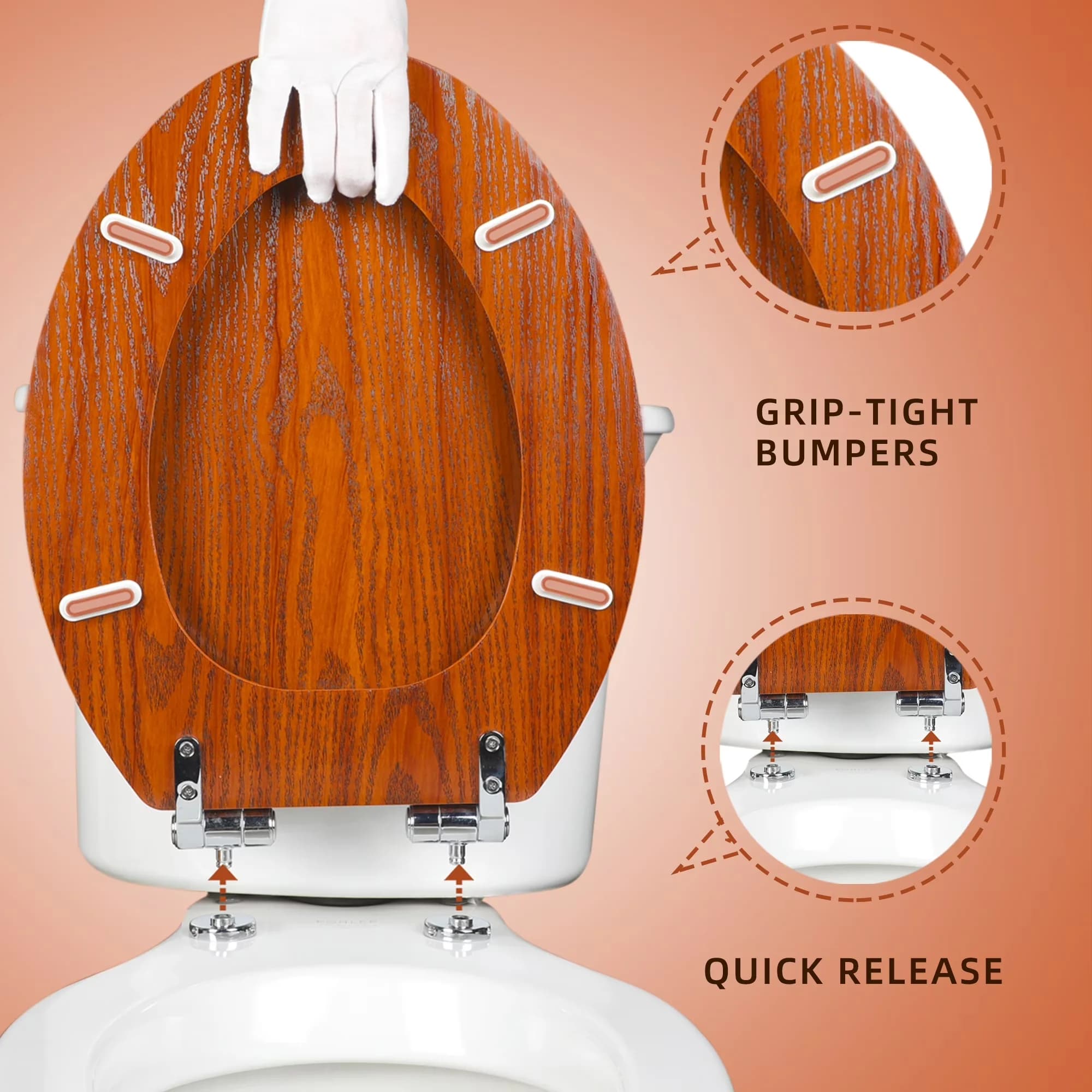 Durable Toilet Seats And Lid with Easy To Install, Quietly Close Quick Release Hinges - Molded Wood Yellow Model D008EE