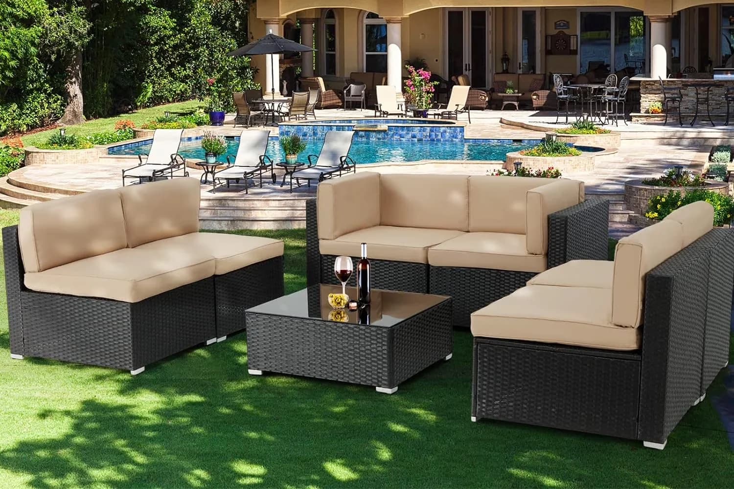 Professional Outdoor Sofas Sectional with Steel Frame, Brown w/ Black Rattan, Shape: Rectangular - Rattan Wicker Model 4AC6B9