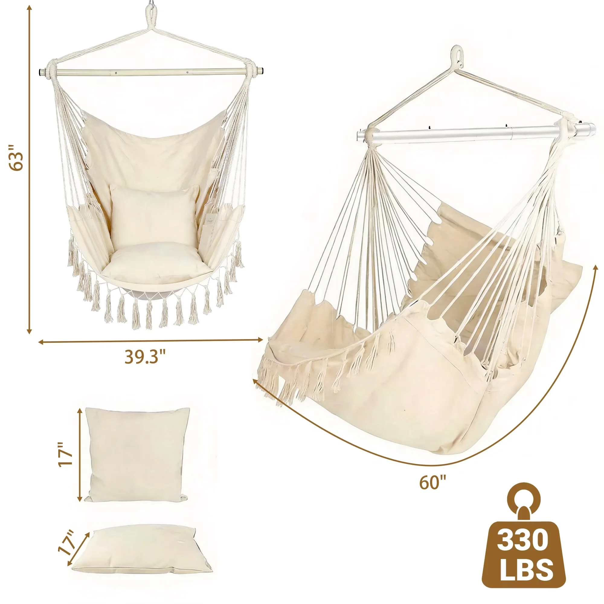 Premium Patio Chair with Detachable Metal Bar & Cushions, Indoor Outdoor Swing - Beige Polyester for Patio, Bedroom Model 41380E