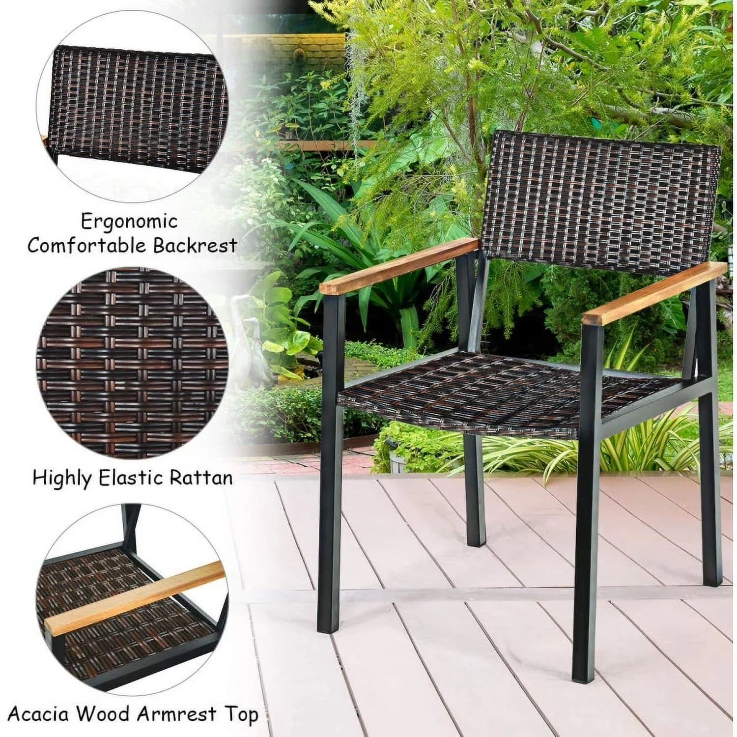Efficient Patio Dining Set with Modern, Large Acacia Wood Table Top, Table - Acacia Wood, Steel, Rattan Black Model 1754DB