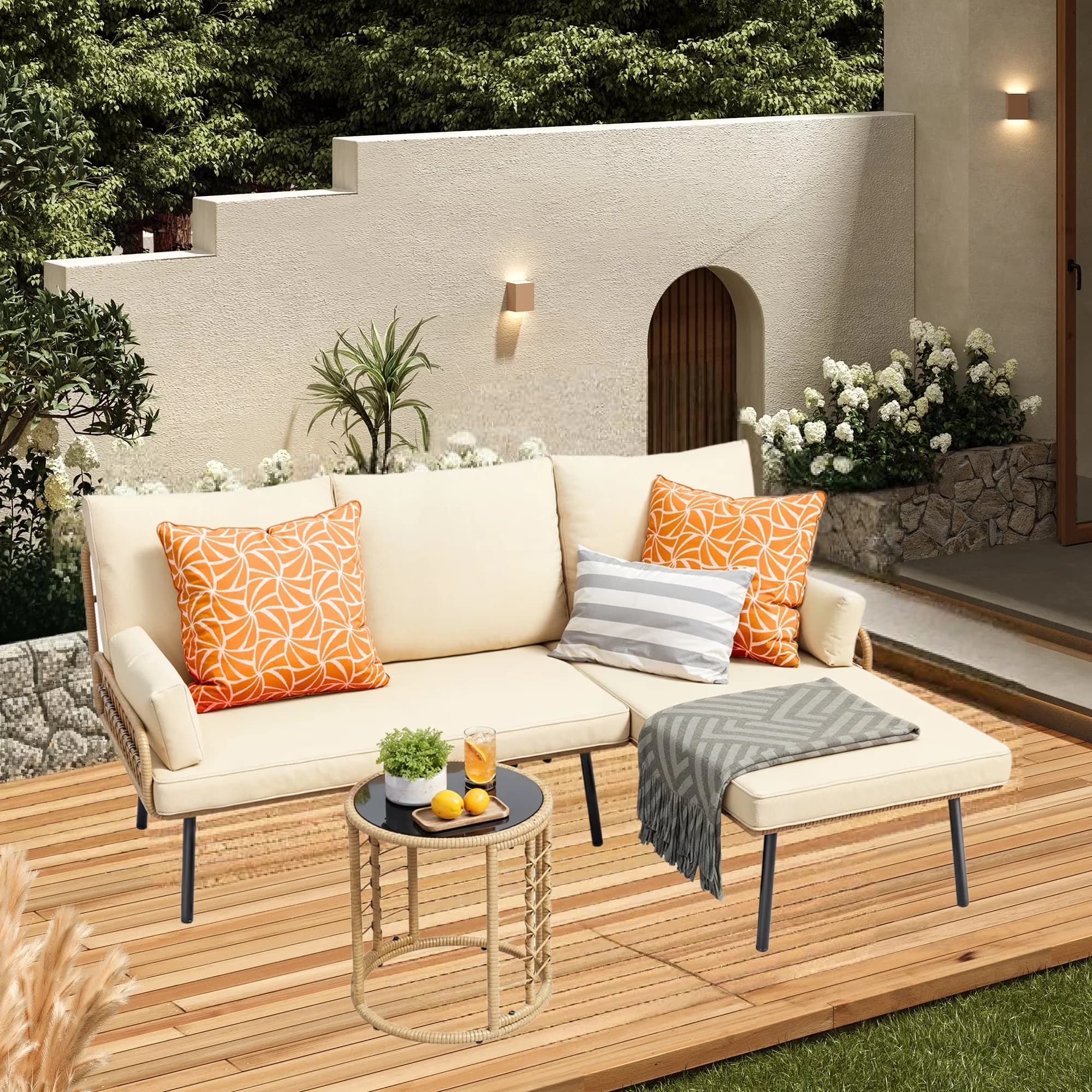 Quality Outdoor Sofas Sectional with Weatherproof, Patio Furniture Set, >> Specifications: - Steel, Rattan, Sponge Beige Model 5C60AC