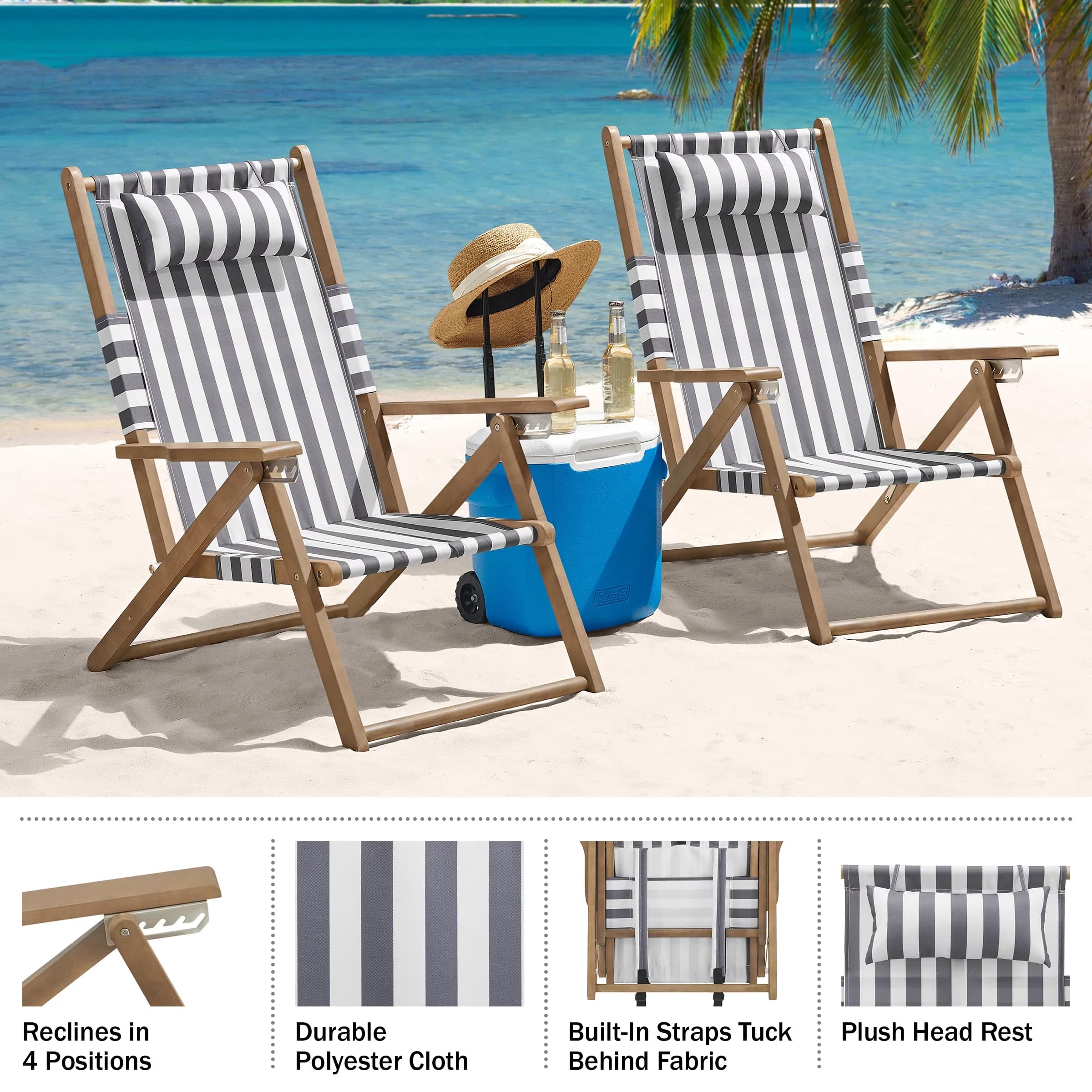 Beach Chair Sleek with Weather-Resistant, Gray Stripe, 4-Position Recliners - Wood Model 1B2980