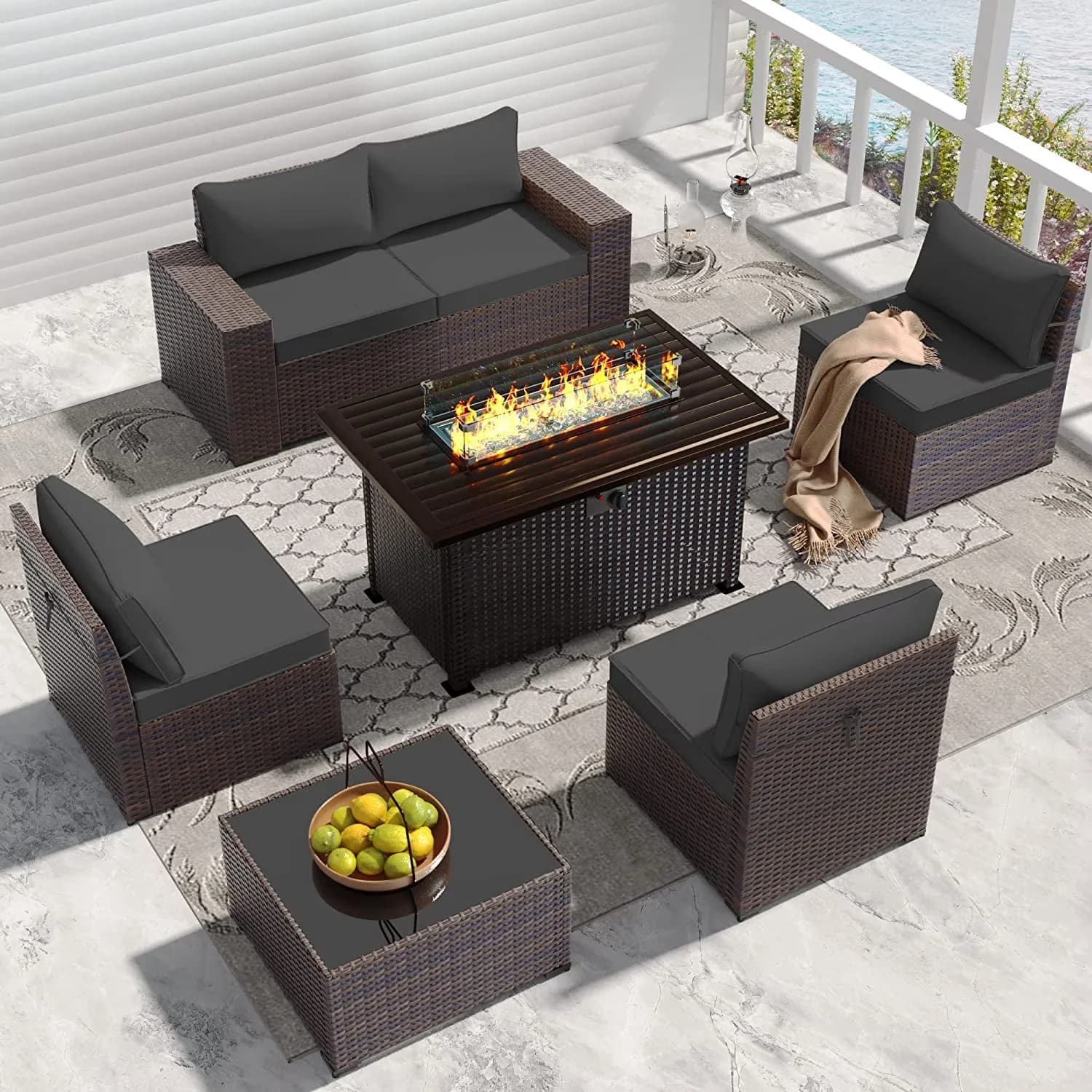 Outdoor Sofas Sectional Reliable with Weatherproof, 43.3"Table, Primary Fuel Type: Propane - Gray Pe Rattan Wicker, Steel, Wicker Model F6D7BB