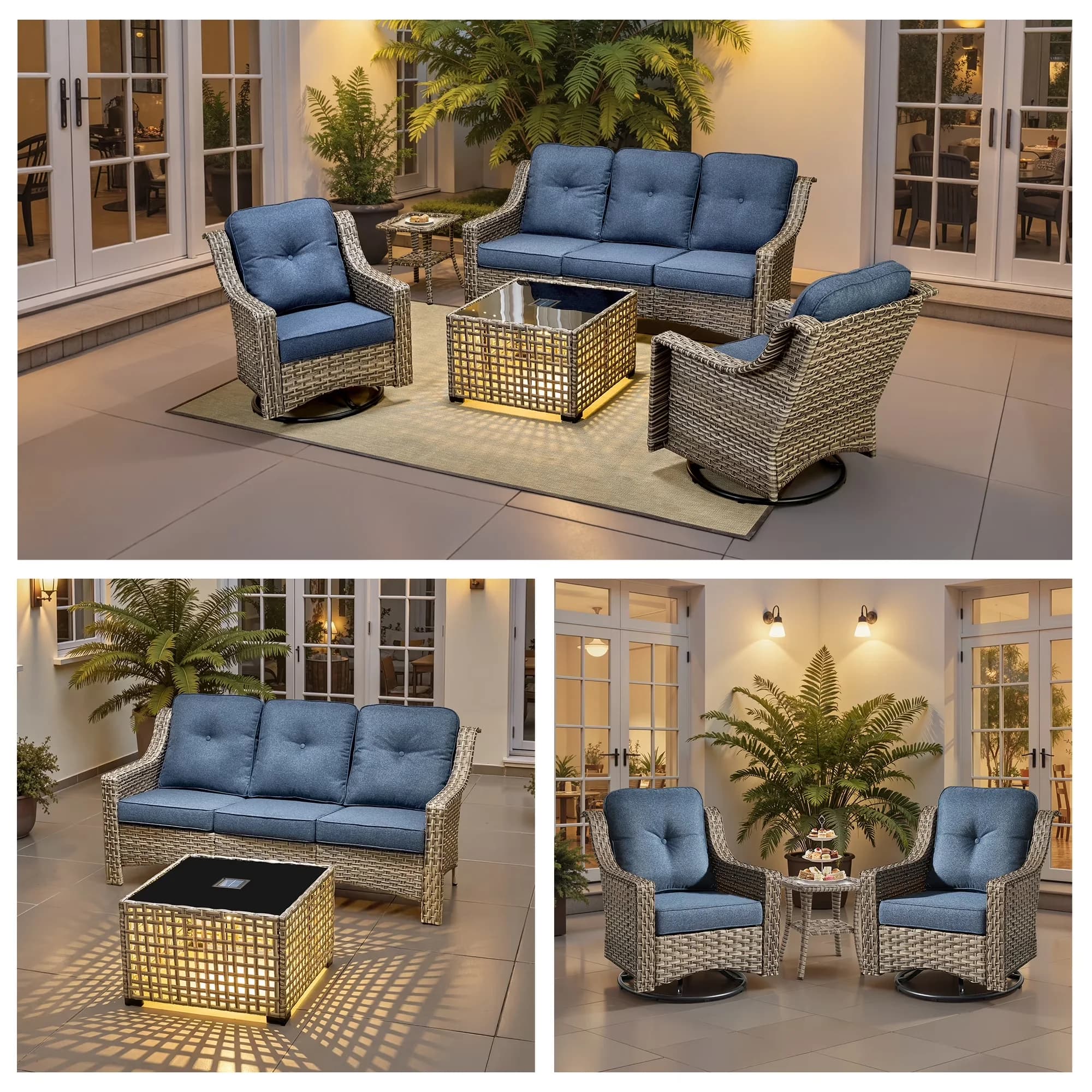 Quality Patio Conversation Set with Portable, Weatherproof, Swivel Chairs & Solar Light Coffee Table - All-Weather Rattan Model ED06A2
