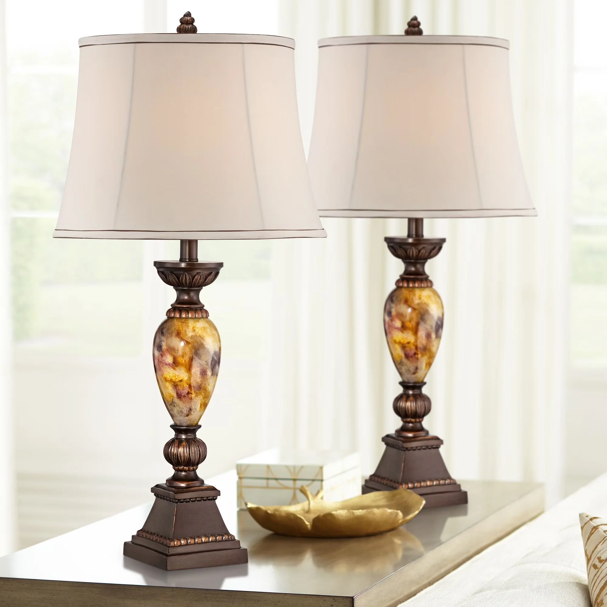 Classic Table Lamp with Incandescent, Each includes 8' brown cord and plug. - Resin, Plastic, Metal, Stone Brown for Living Room, Bedroom Model 2312DD