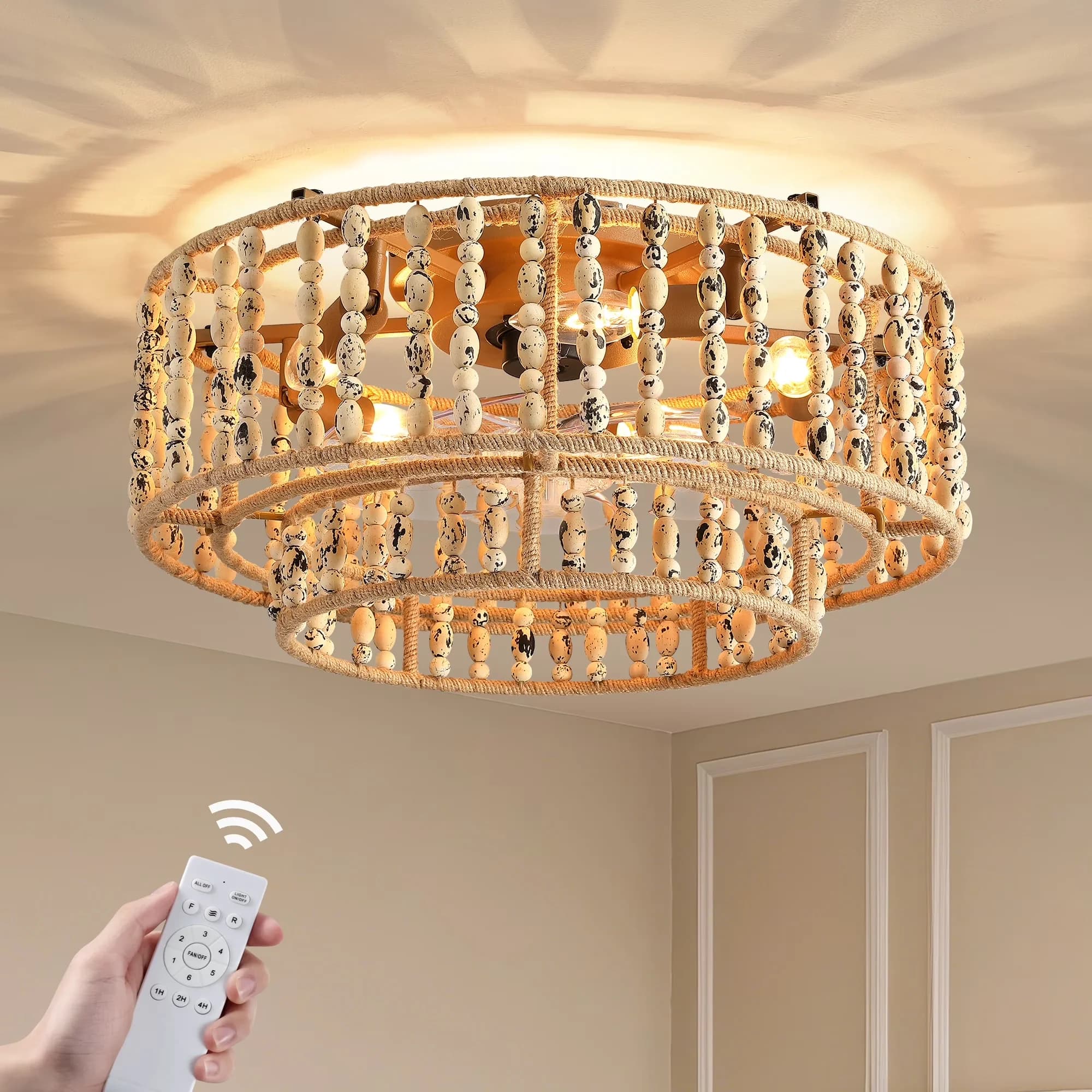Quality Ceiling Fan with LED, Reverse Airflow, 20" Indoor Boho Farmhouse Wood Beads - Gold Rattan Model 1DABFC