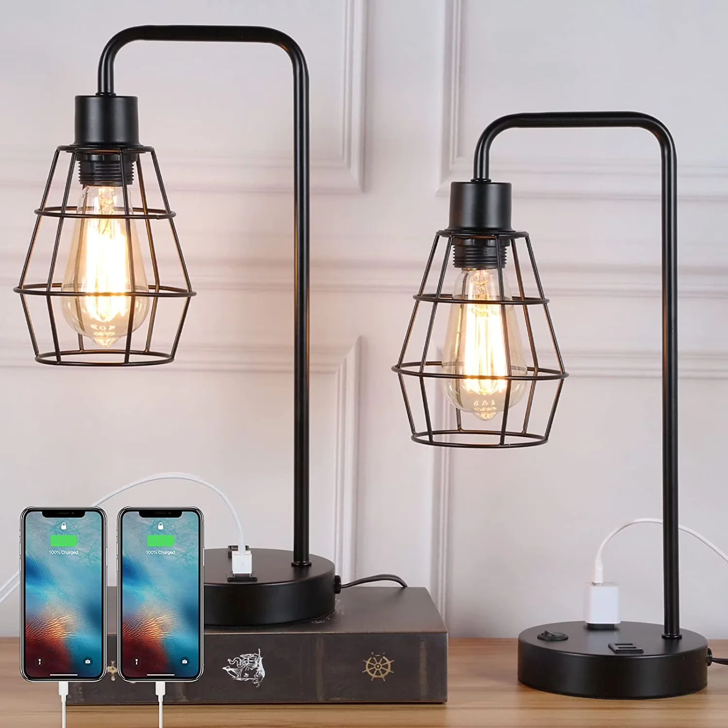 Desk Lamp Stylish with Power Outlet, Industrial, Usb Industrial Edison With 2 Ac Outlets - Metal Black Model 644D4D