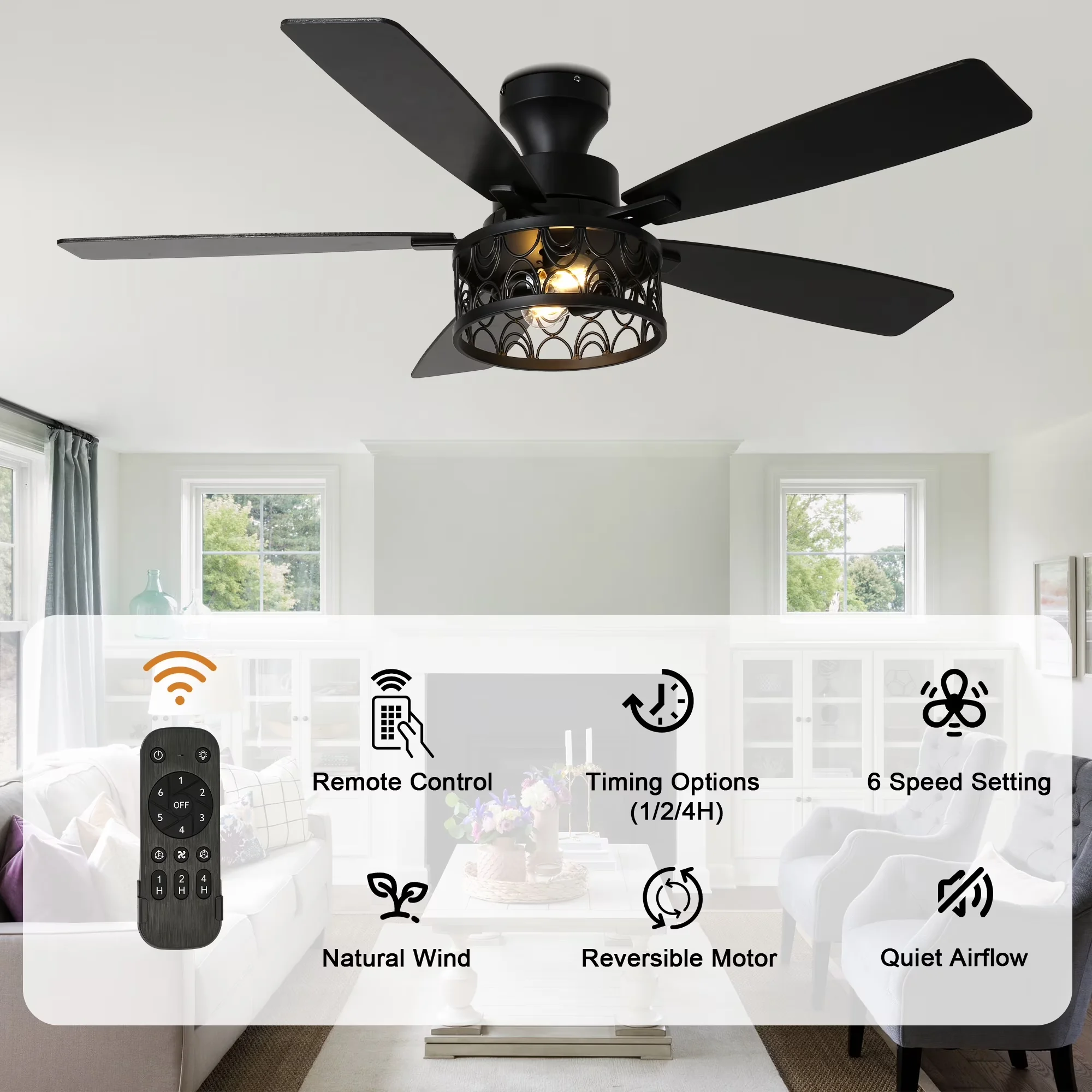 Compact Ceiling Fan with Incandescent, Remote Controlled, Industrial - Metal Black Model 7477AA