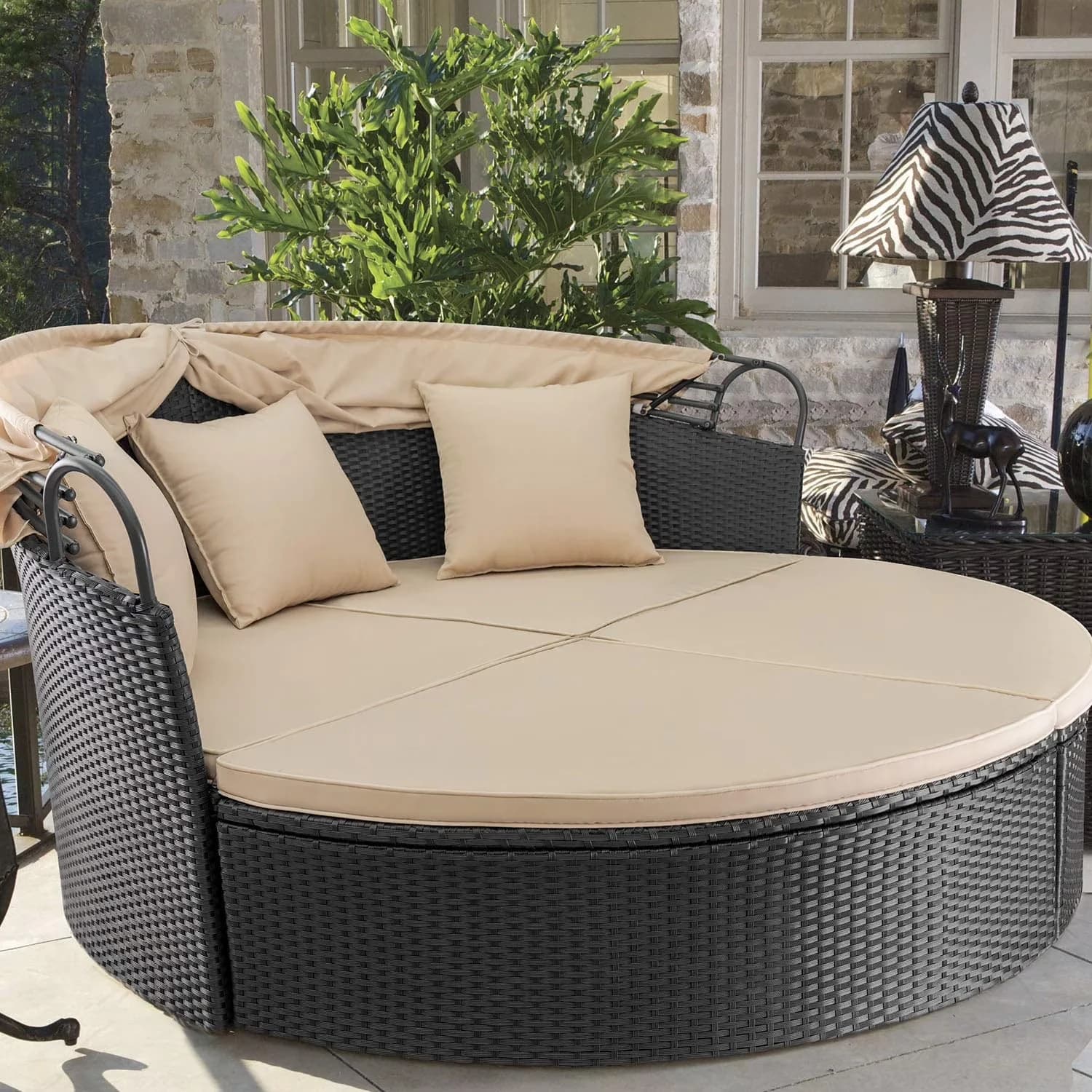 Durable Outdoor Sofas Sectional with Washable Cushions, Patio Round Daybed - Rattan, Steel, Wicker, Polyethylene for Patio Model 87006A