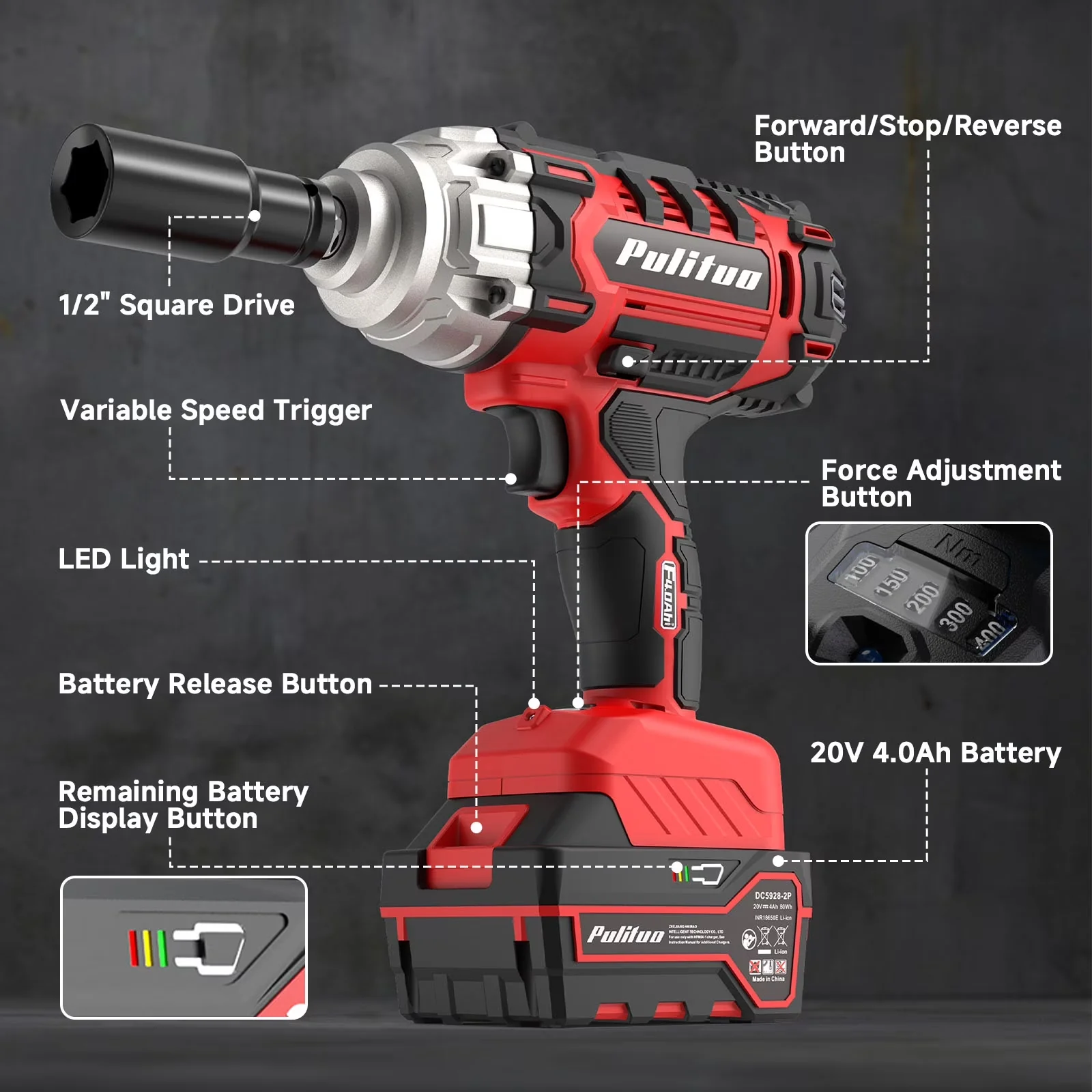 Compact Air Tools Compressor with Battery, LED, 20V Cordless Impact Wrench 1/2" - Model BB262F