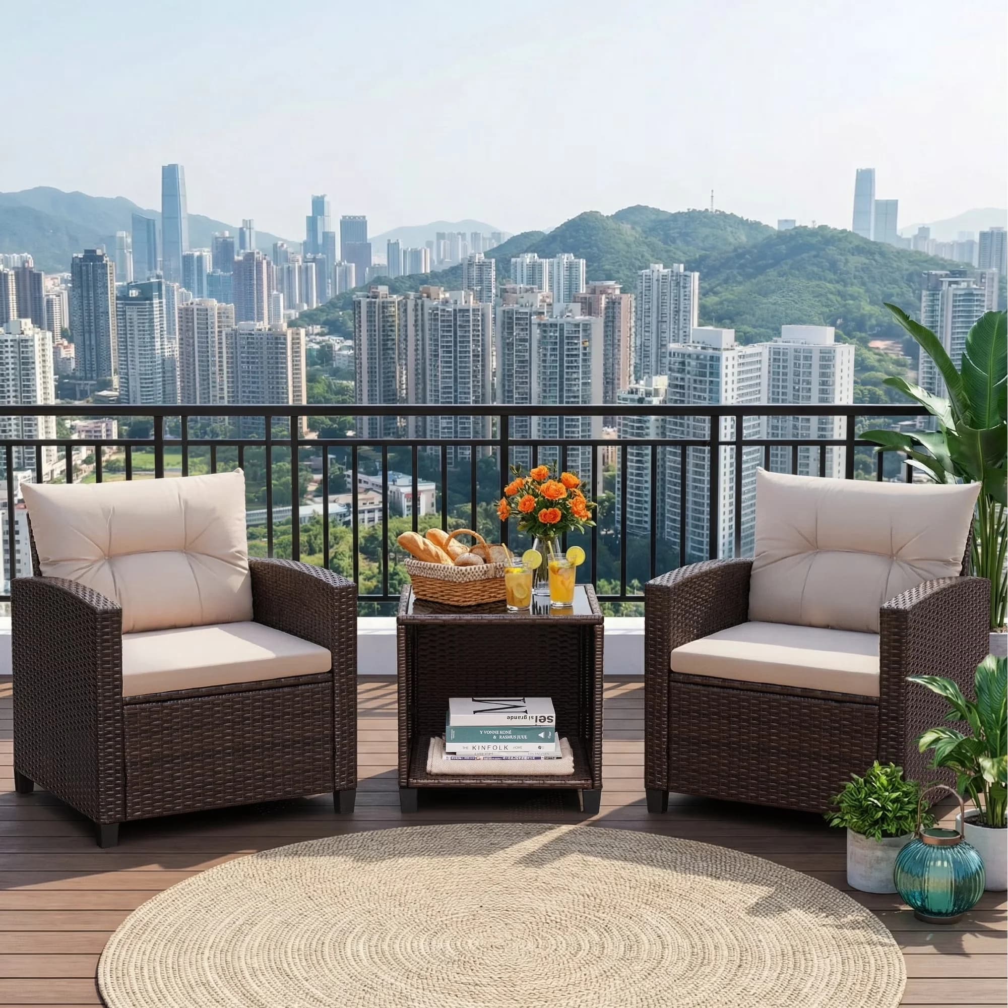 Patio Dining Set Classic with Removable Cushion Cover, 3 Piece Furniture - Rattan Beige for Garden Model 3AAECF