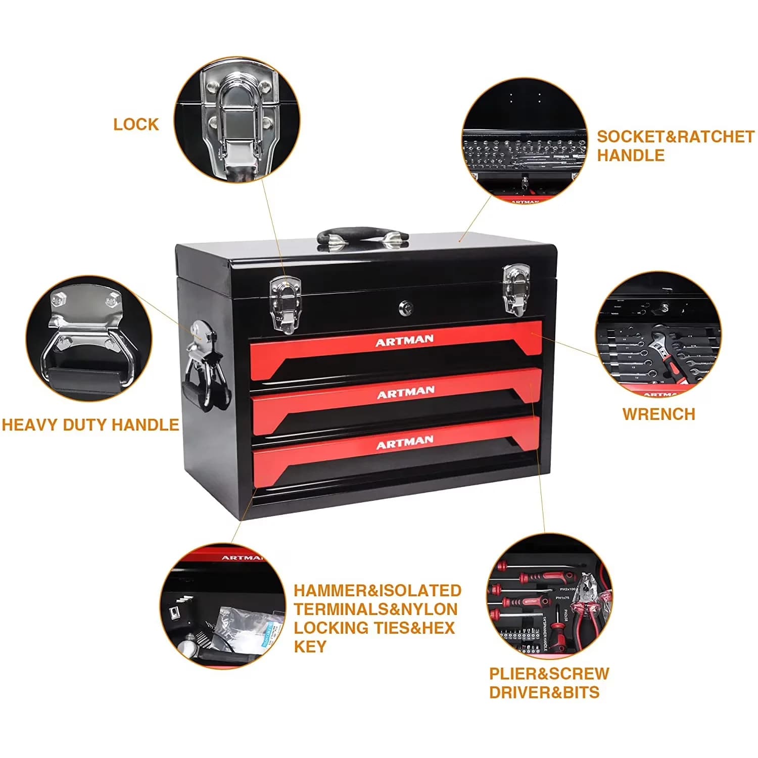 Hand Tool Set Premium with Heavy-Duty, 3-Drawer Heavy Duty Kits Box - Black Model 657C78