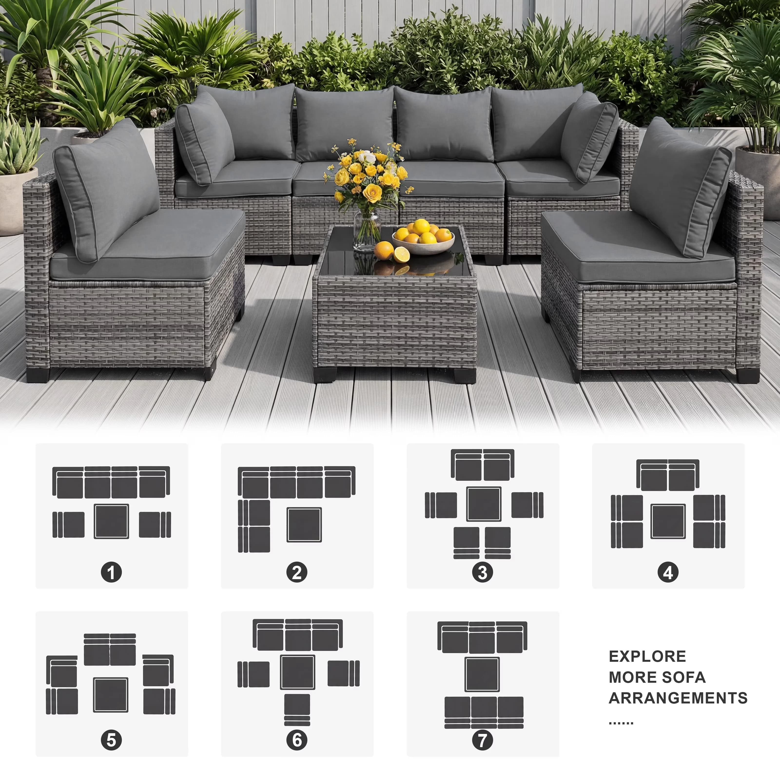 Sleek Outdoor Sofas Sectional with Weather-Resistant, Bohemian - Steel, Pe Wicker, Abs, Polyester, Memory Foam, Pp Cotton Gray Model 153D69