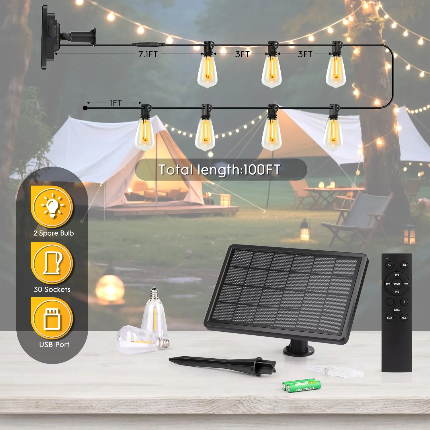 Essential Led Lighting with LED, Solar, Patio Lights - Yellow 100FT - Professional Series Model 2B3B25
