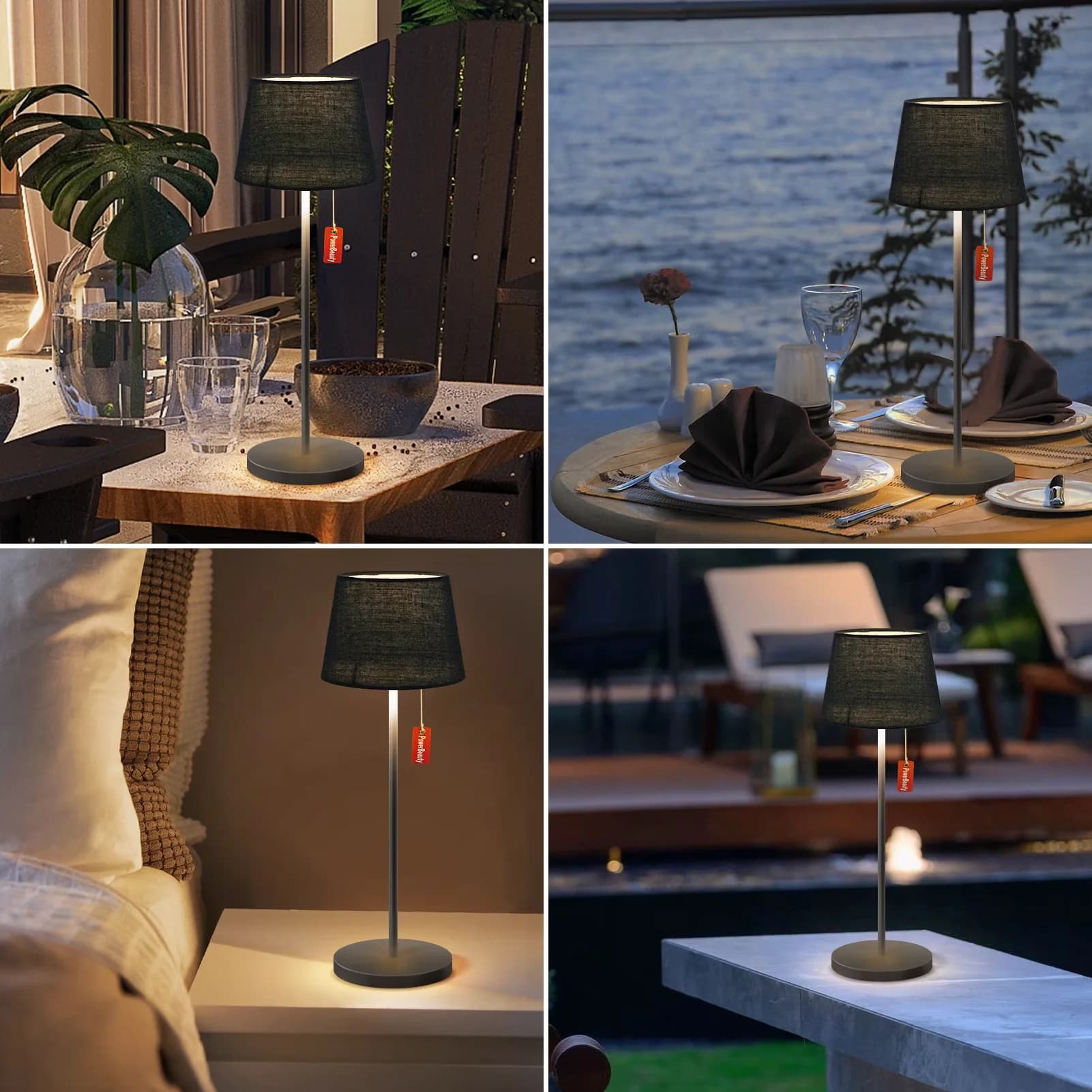 Professional Lamp with LED, Battery, 15" Portable LED Bedside - Metal, Linen Black Model EEF6EC