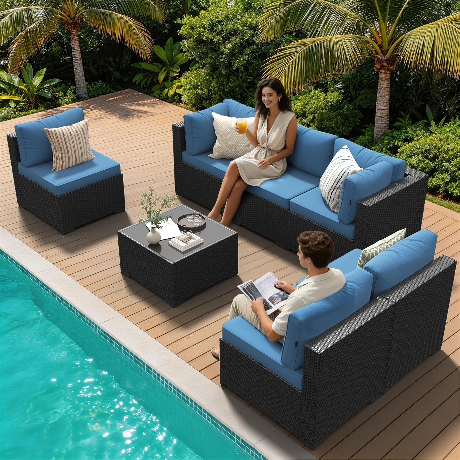 Versatile Outdoor Sofas Sectional with Modern, Rust Resistant - Glass + Polyester + Sponge + Metal + Rattan Blue Model C1D26C
