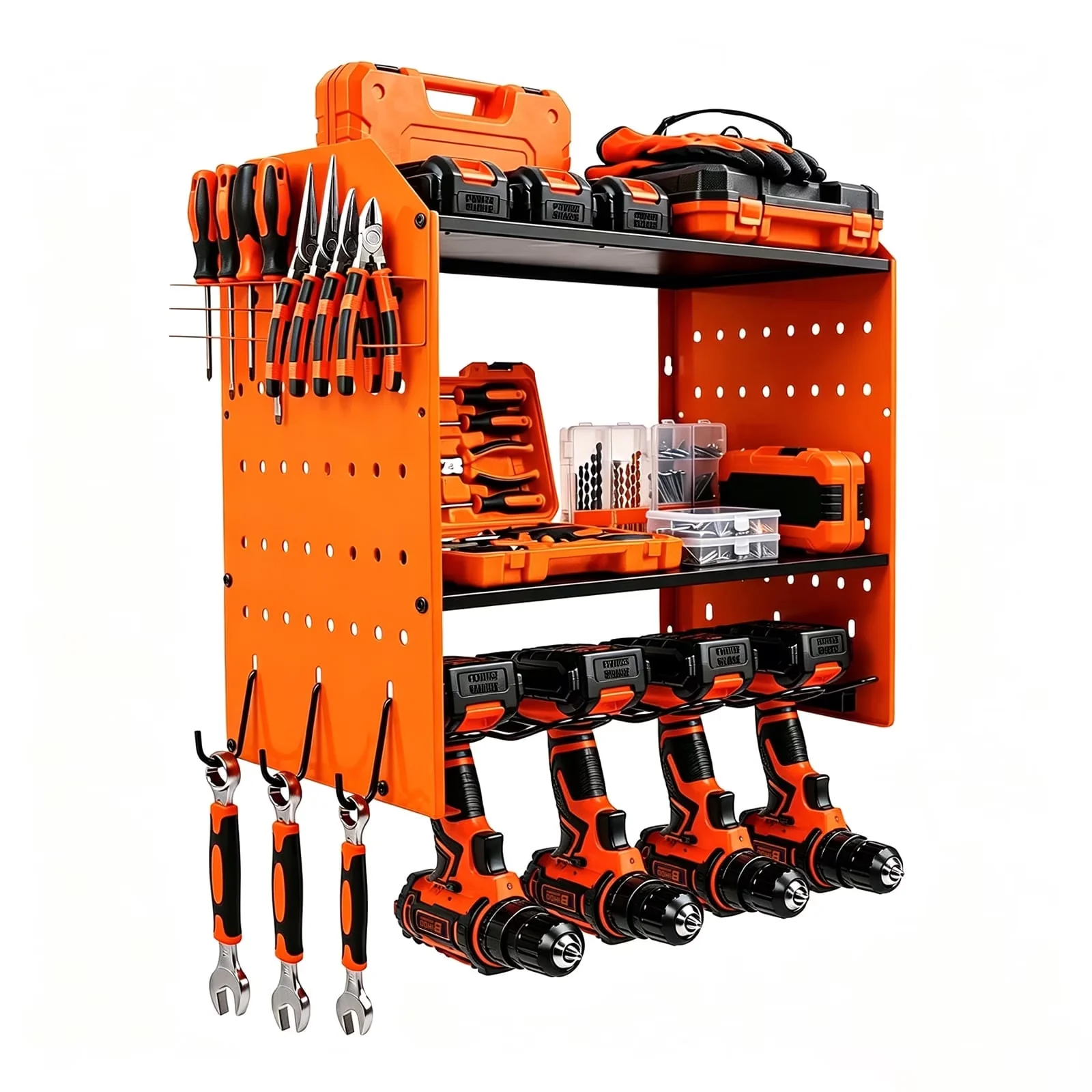 Classic Toolstorage with Storage, 4-Layer Drill Storage Shelf - Orange Metal Model 6FCF0B