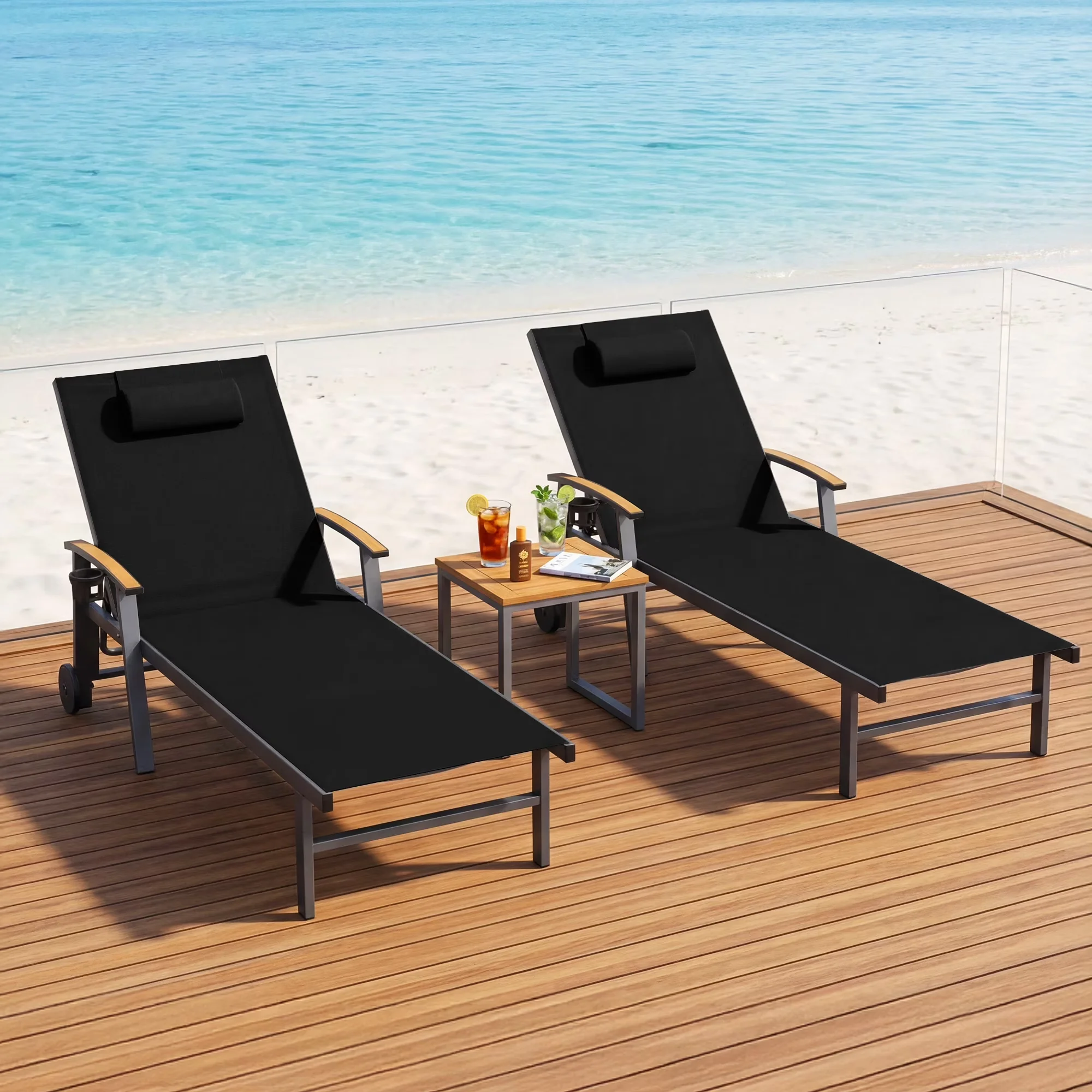 Innovative Patio Chair with Modern, Quick Dry, Outdoor Chaise Lounge Set of 2 - Black Metal for Garden, Patio Model 32FC2C