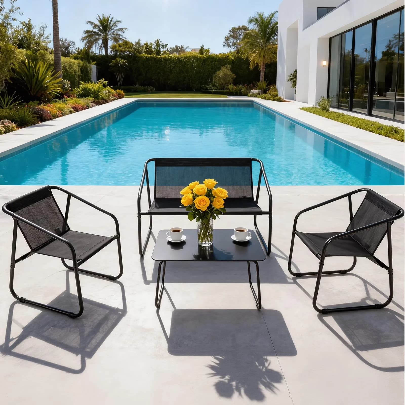 Reliable Patio Conversation Set with Weatherproof, 4-Piece Furniture - Black-4Pcs Teslin Fabric for Garden Model 884DF2