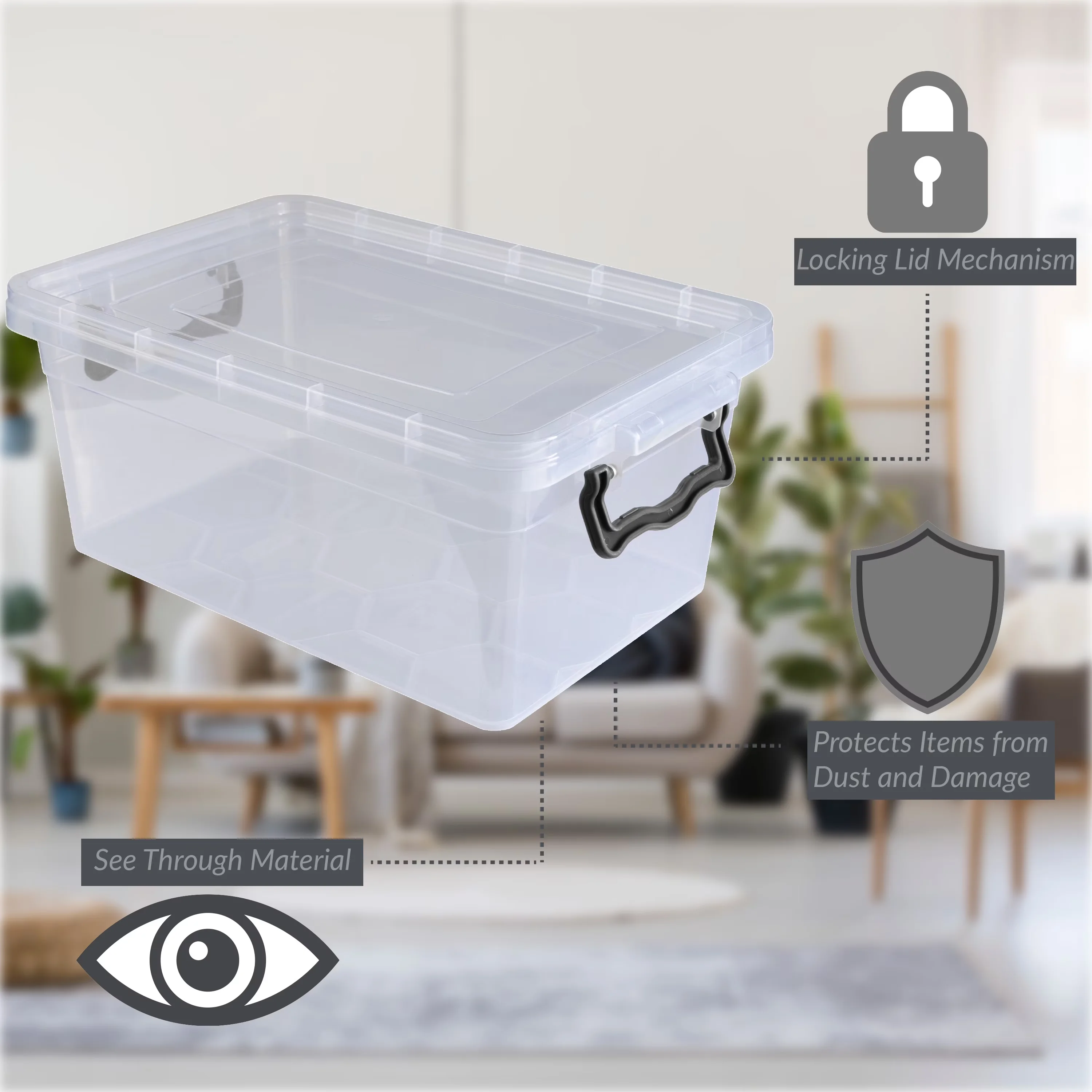 Garage Storage Supply Essential with Carrying Handles, Stackable, Locking Lid Mechanism - Plastic Super Clear Model CC3EDC