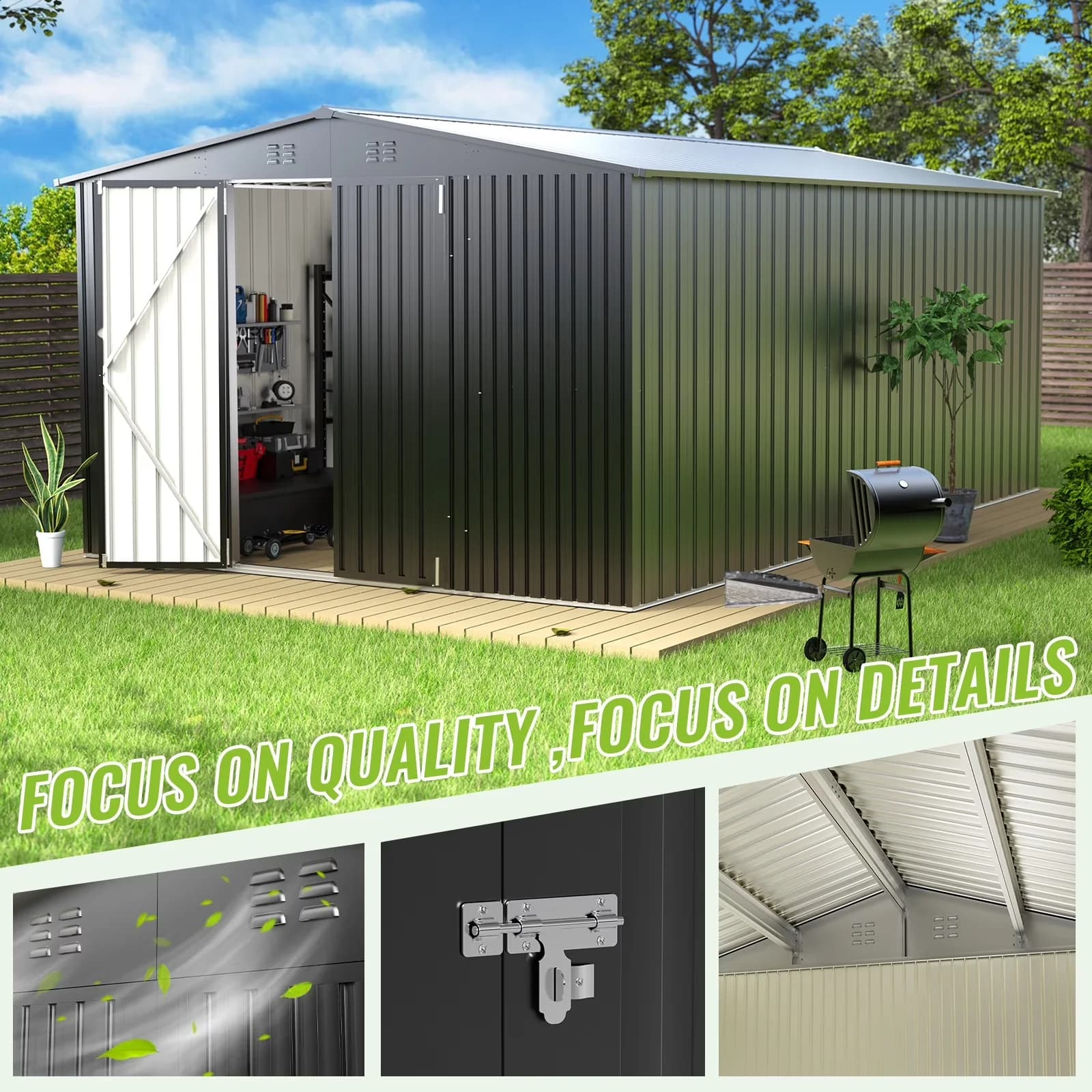Classic Shed with Lockable Door, Uv Resistant, 10 x 14 ft Metal Outdoor Storage - Metal Black for Patio Model 21CD33