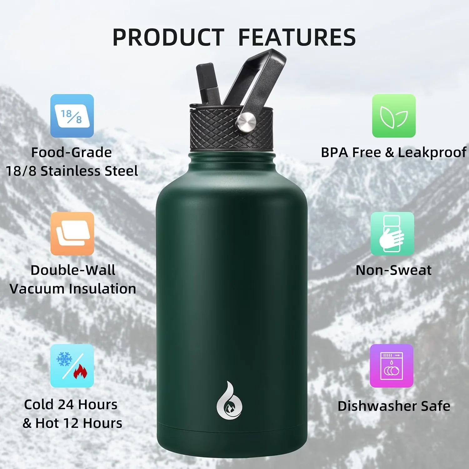 Premium Water Filtration with 64oz Large Bottle, Straw Lid, Stainless Steel Bottles - Green Stainless Steel Model CAB2D3