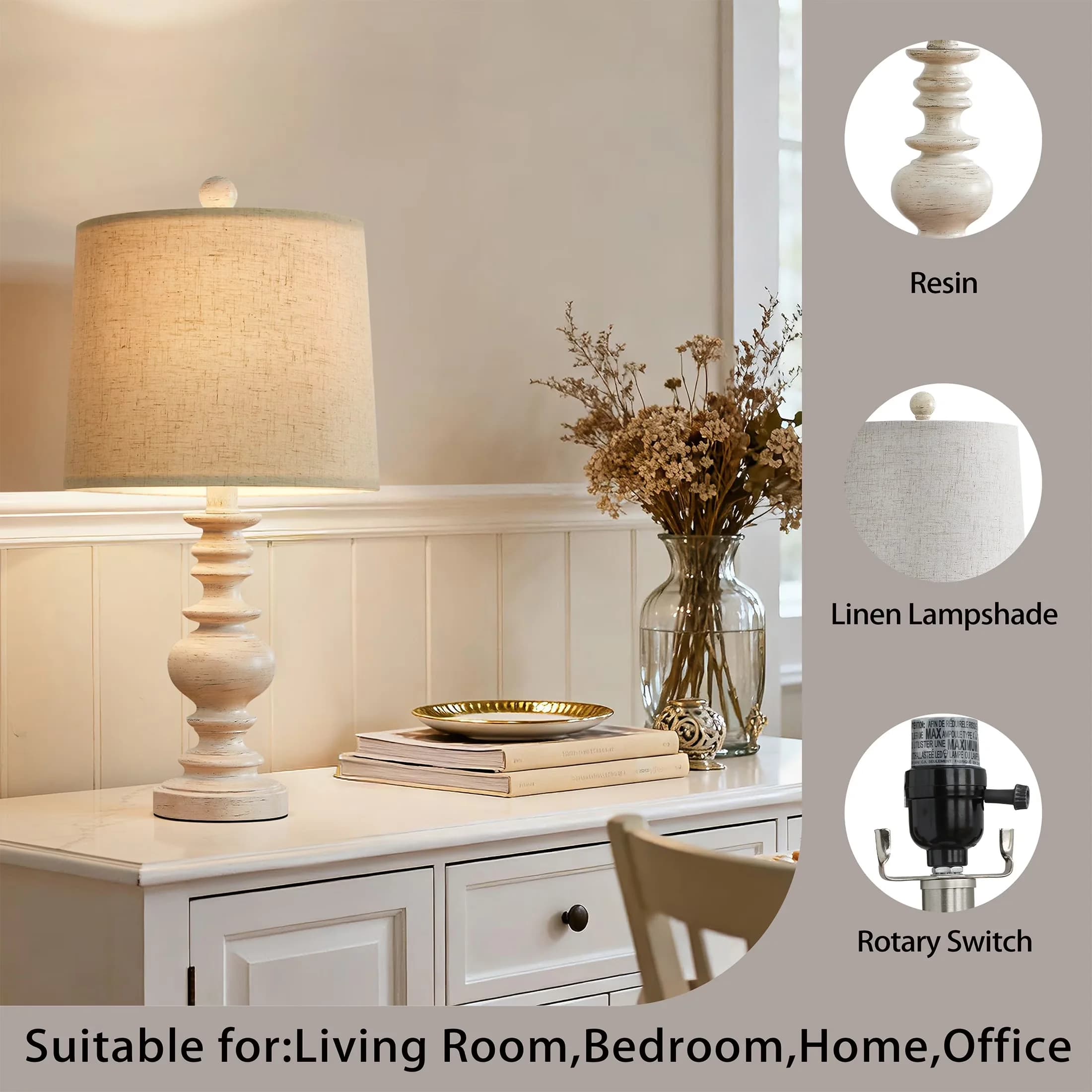 Versatile Lamp Set with LED, Resin Nightstand Bedside Lamps - White Resin for Living Room, Bedroom Model DE893D