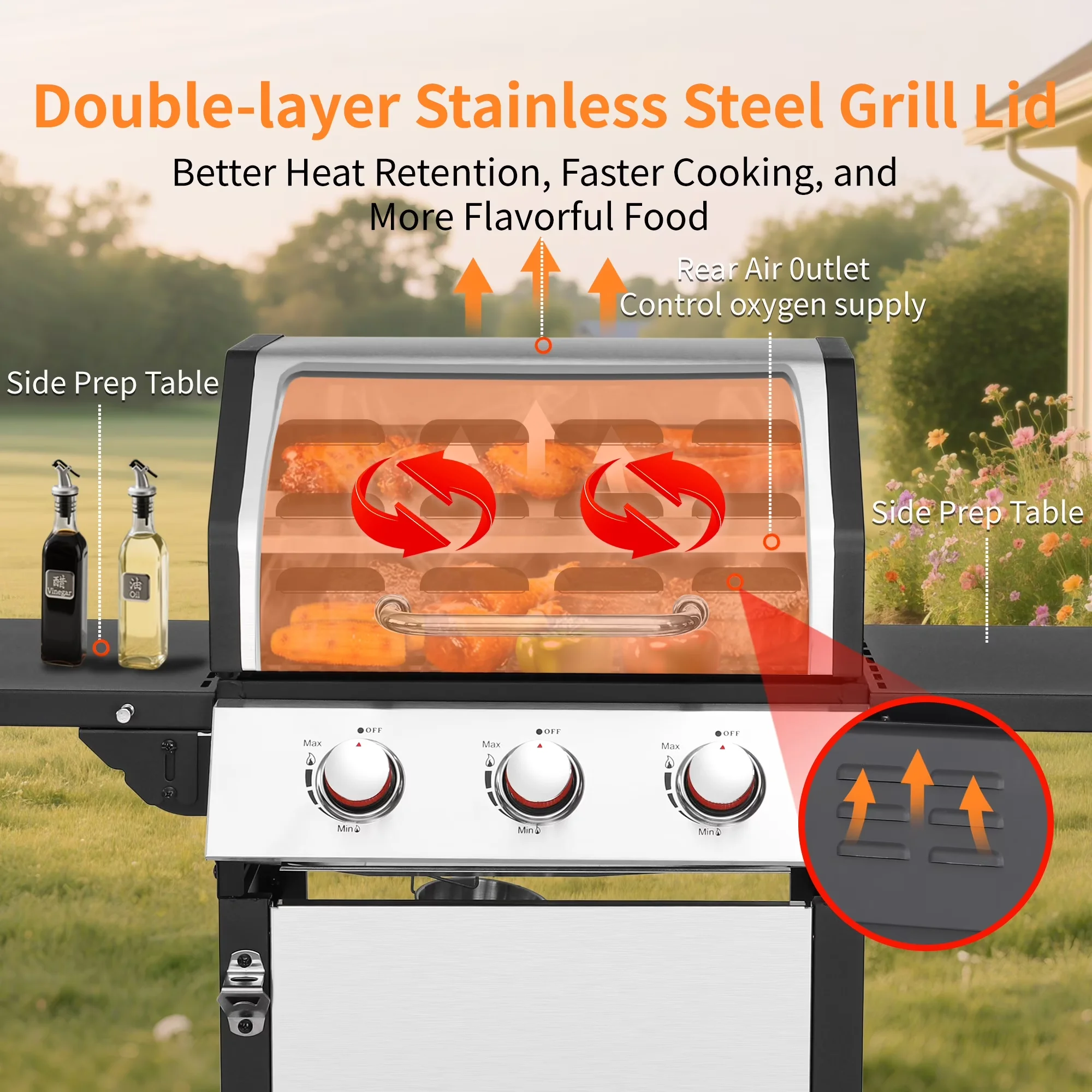 Efficient Gas Grill with 30000 BTU, Grease Pan, Heat Thermometer - Metal, Stainless Steel Silver Model 562229
